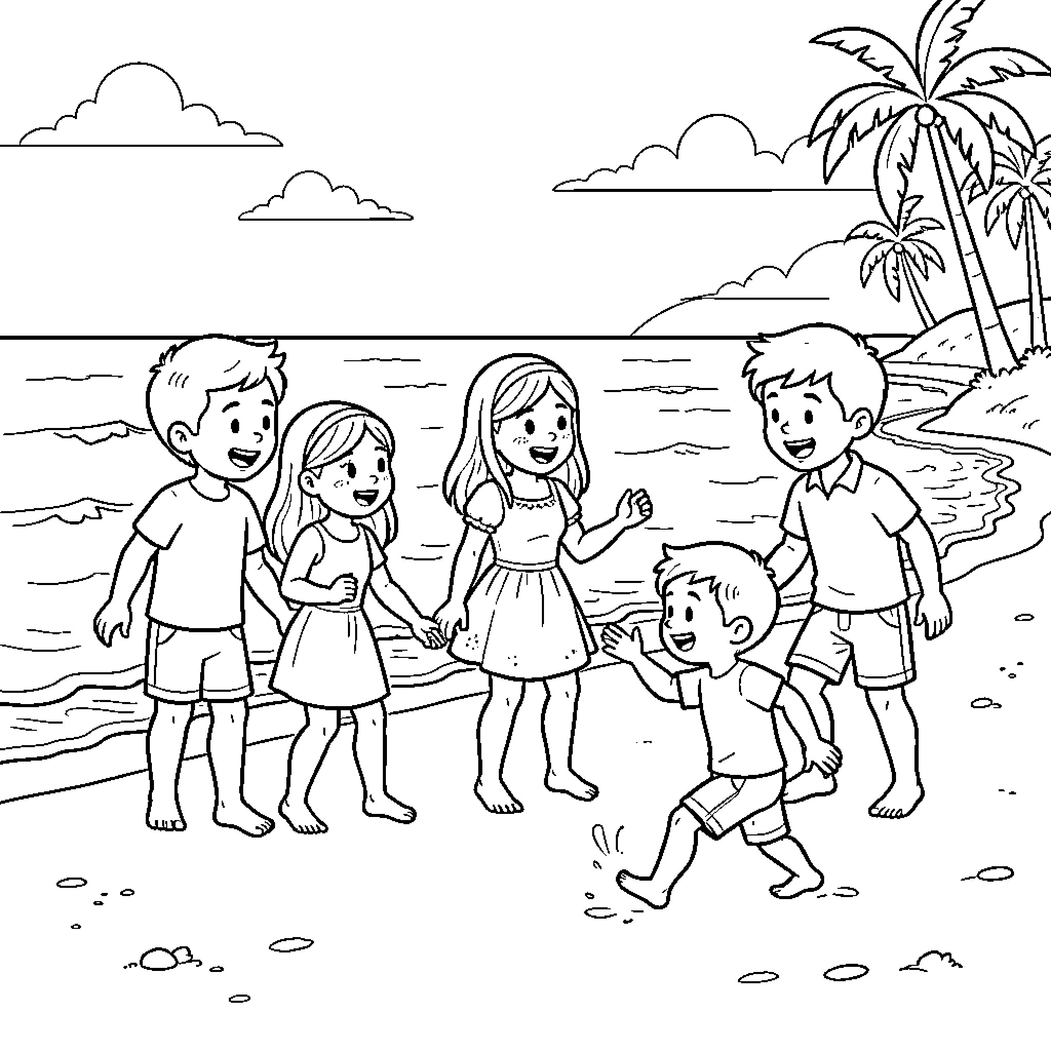 Frère and friends playing joyfully on the beach Coloring Page (free black-and-white line drawing printable PDF for all, from beginners to advanced learners, including children, teens, adults, and seniors)