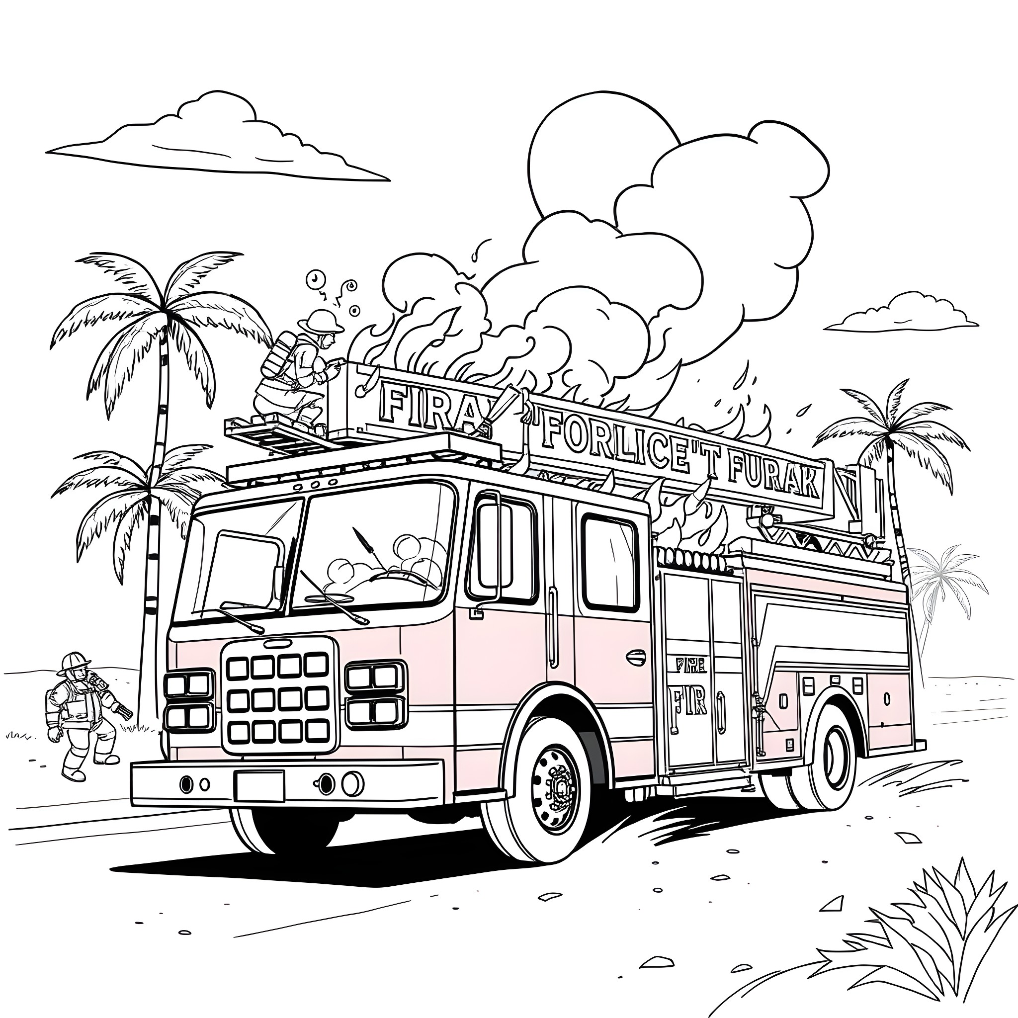 Fire Truck Rushing to an Emergency in the Tropics Coloring Page (free black-and-white line drawing printable PDF for all, from beginners to advanced learners, including children, teens, adults, and seniors)