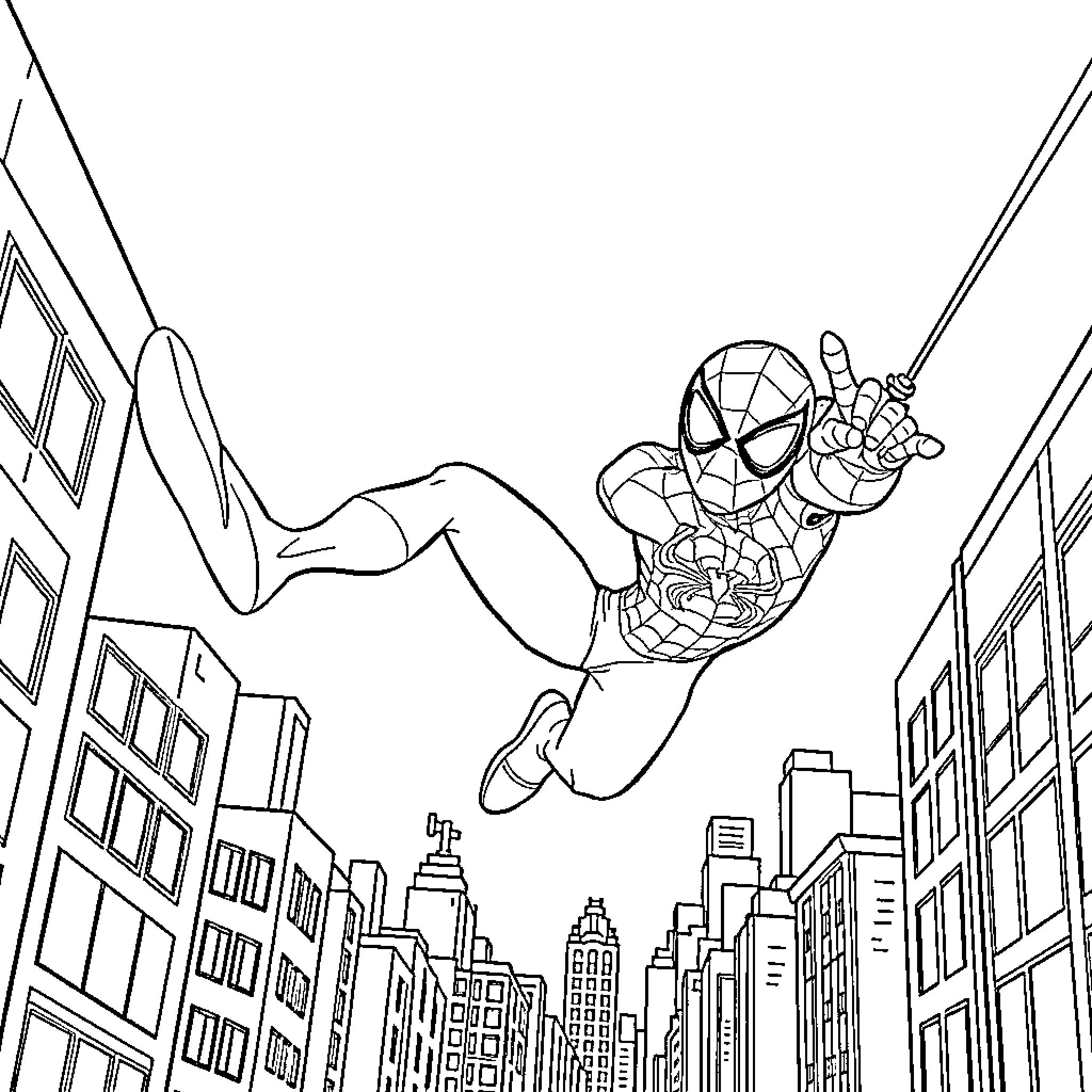 Spider-Man swinging through the city skyline Coloring Page (free black-and-white line drawing printable PDF for all, from beginners to advanced learners, including children, teens, adults, and seniors)
