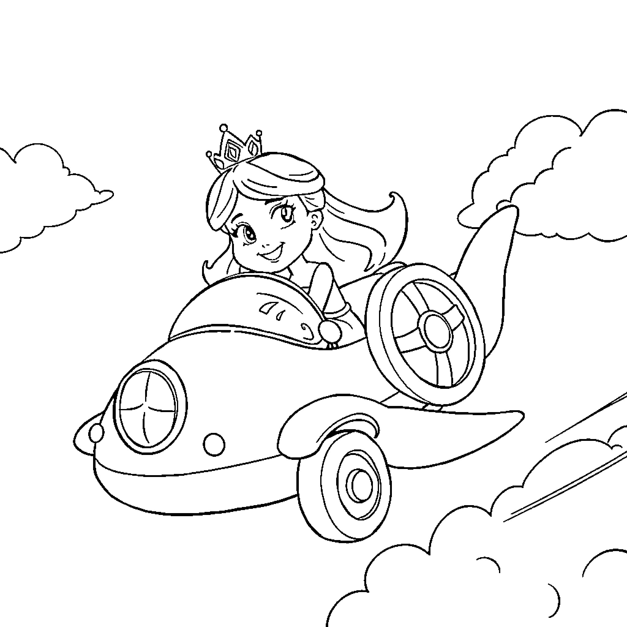 Princess Rides Whimsical Futuristic Vehicle Through Clouds Coloring Page (free black-and-white line drawing printable PDF for all, from beginners to advanced learners, including children, teens, adults, and seniors)
