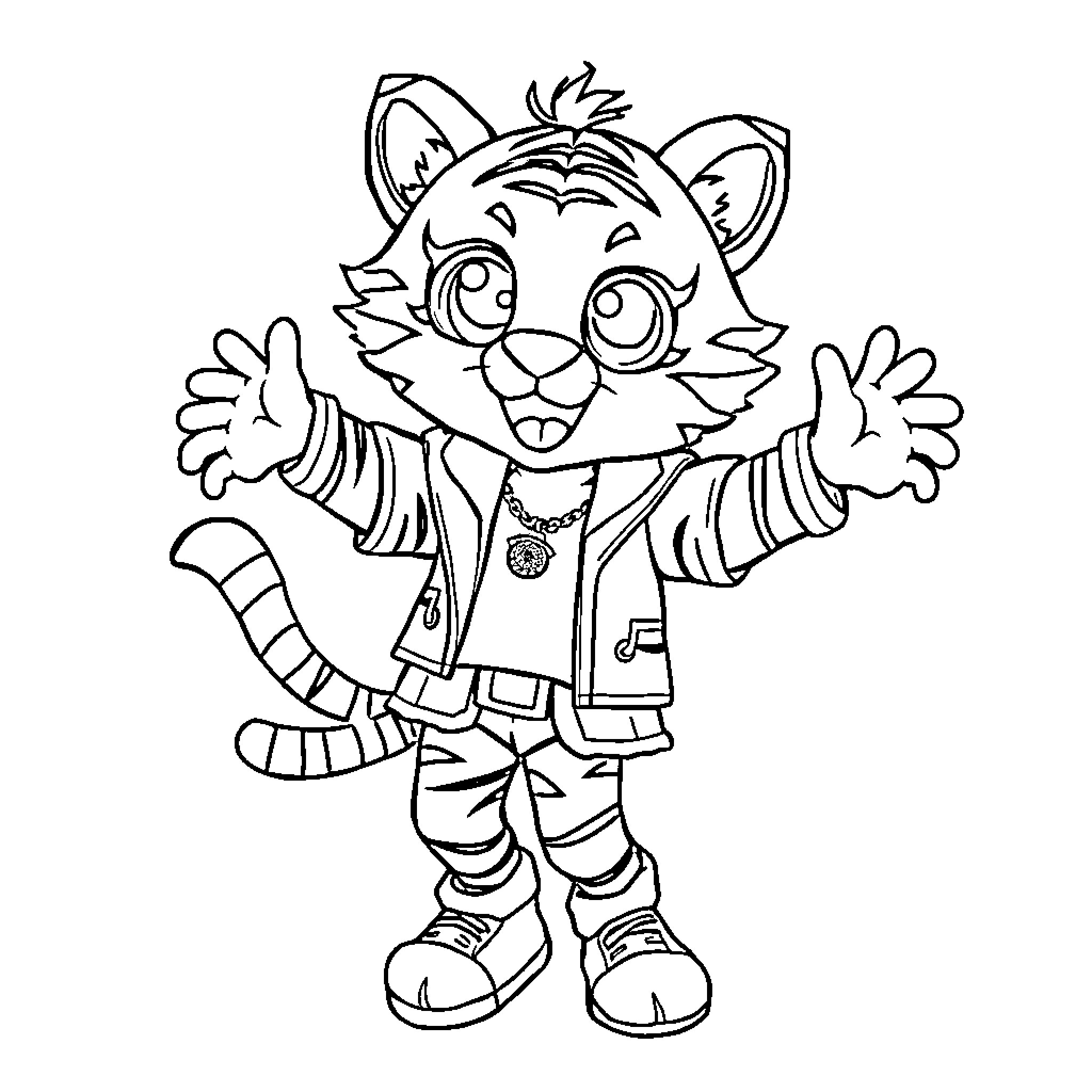 Tiger character in playful outfit and pose Coloring Page (free black-and-white line drawing printable PDF for all, from beginners to advanced learners, including children, teens, adults, and seniors)