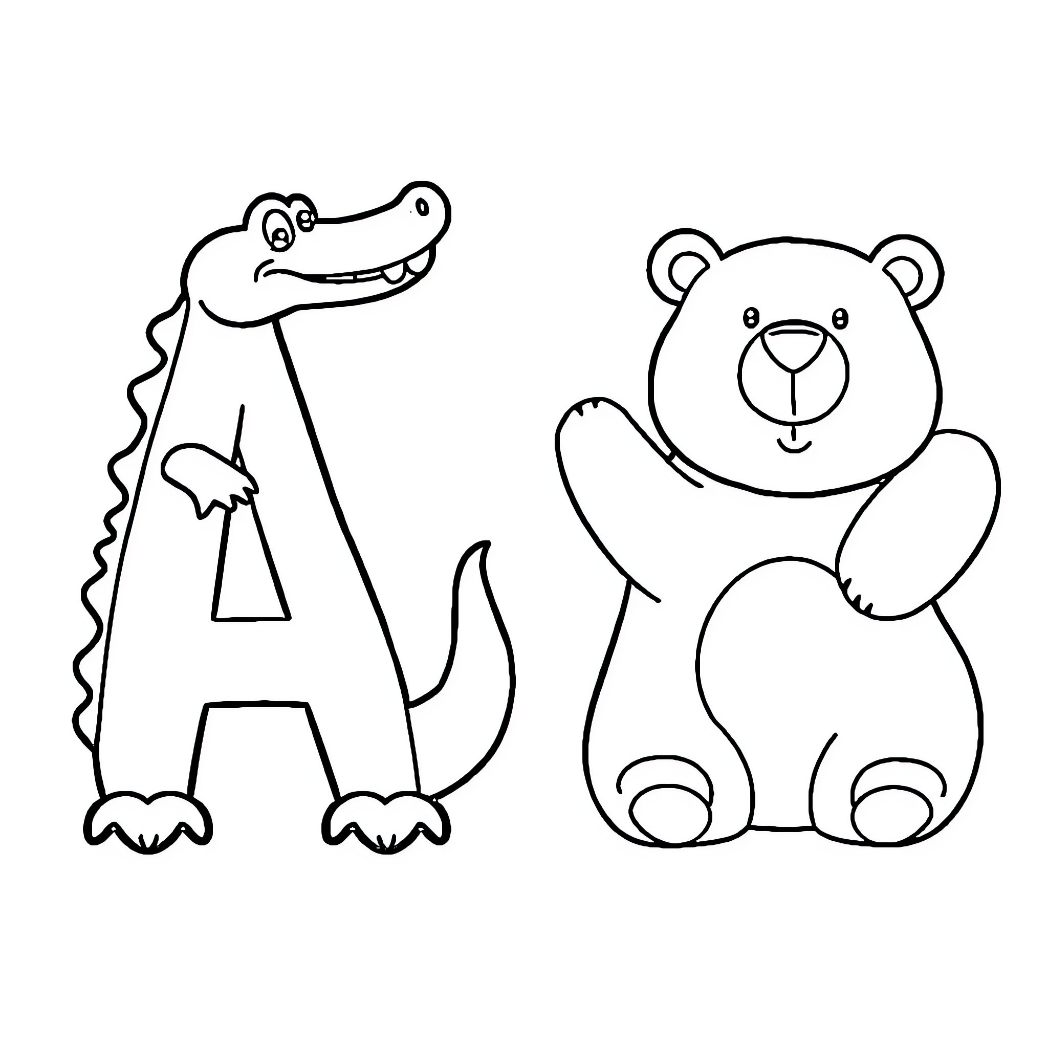 Letter Alligator and Bear Drawings Coloring Page (free black-and-white line drawing printable PDF for all, from beginners to advanced learners, including children, teens, adults, and seniors)