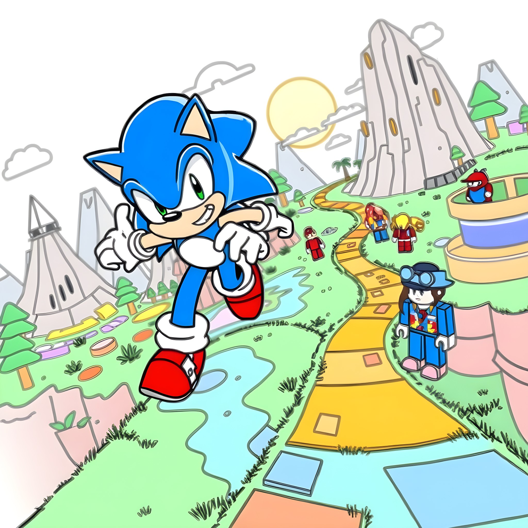 Sonic's Vibrant Adventure in a Whimsical Landscape Coloring Page (free black-and-white line drawing printable PDF for all, from beginners to advanced learners, including children, teens, adults, and seniors)