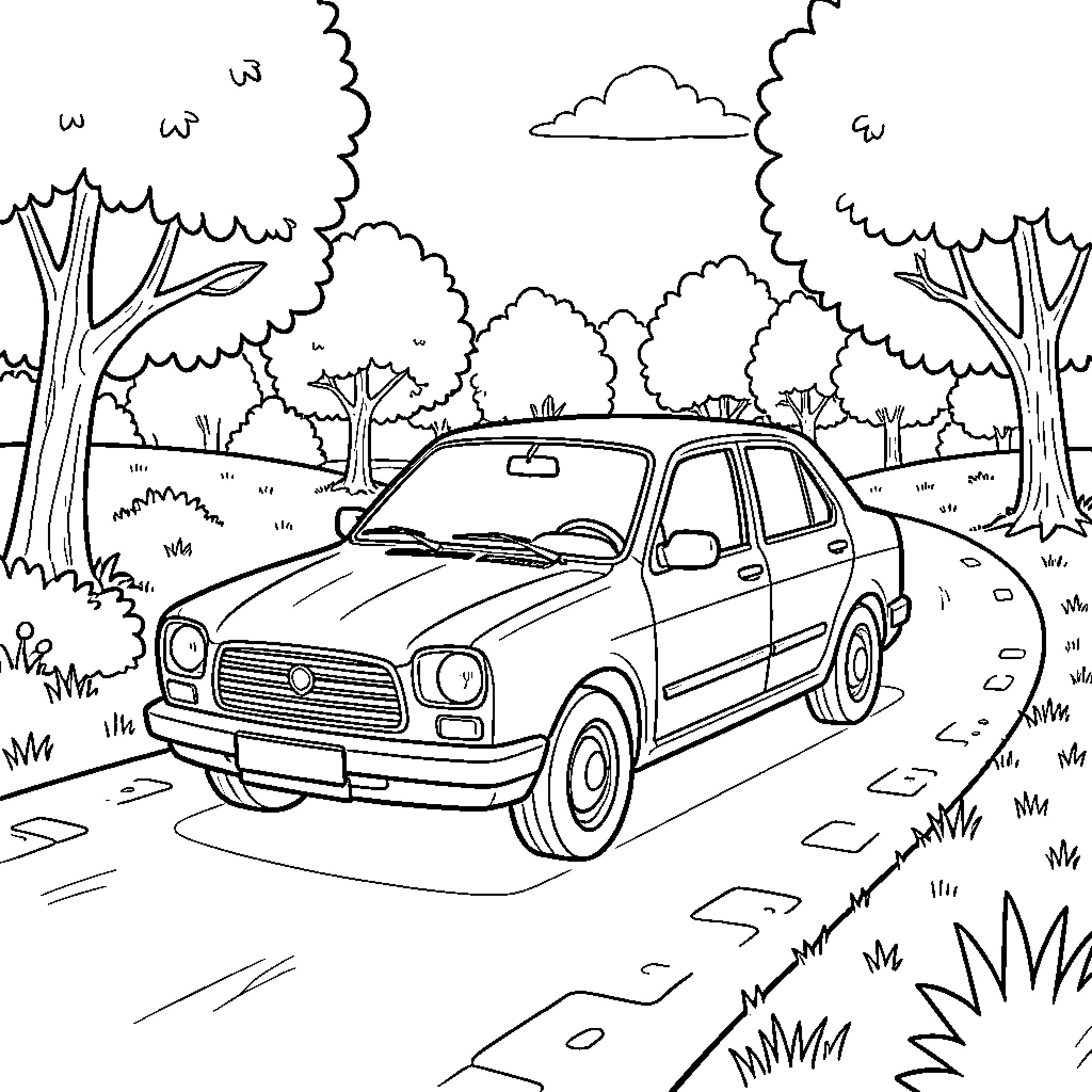 Car driving along a winding road through trees Coloring Page (free black-and-white line drawing printable PDF for all, from beginners to advanced learners, including children, teens, adults, and seniors)
