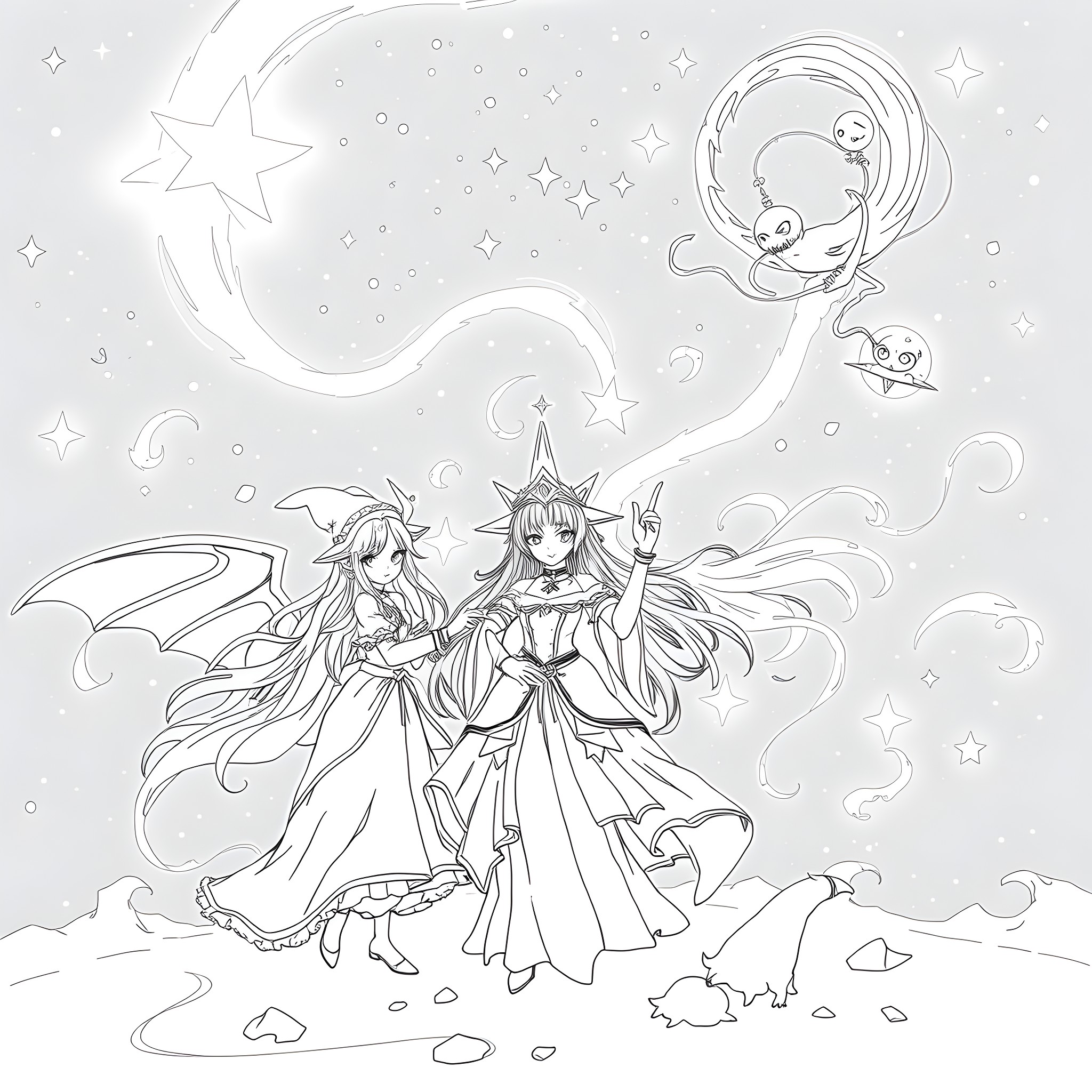 Anime Girls in Magical Fairy Outfits and Poses Coloring Page (free black-and-white line drawing printable PDF for all, from beginners to advanced learners, including children, teens, adults, and seniors)