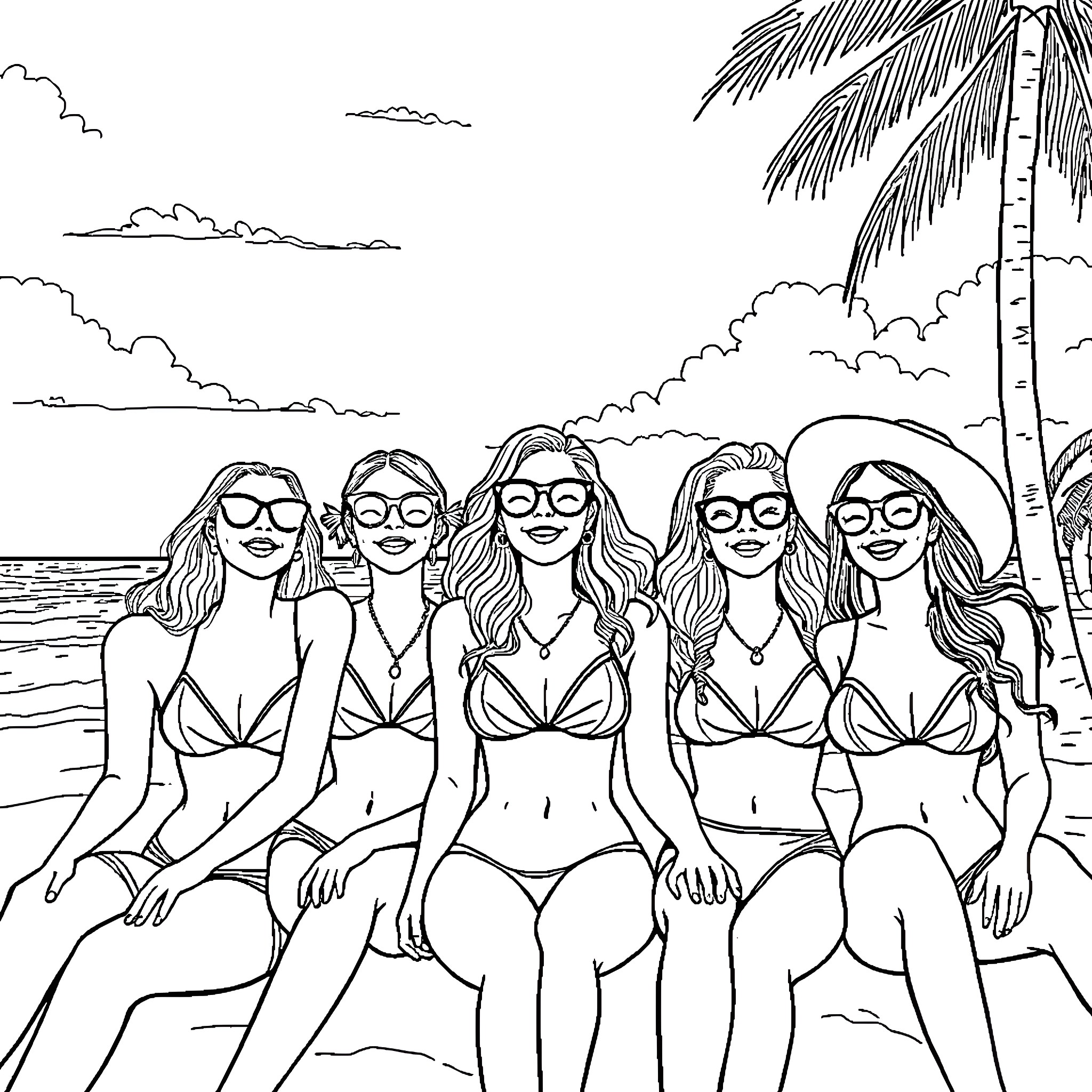 Women relaxing on the beach Coloring Page (free black-and-white line drawing printable PDF for all, from beginners to advanced learners, including children, teens, adults, and seniors)