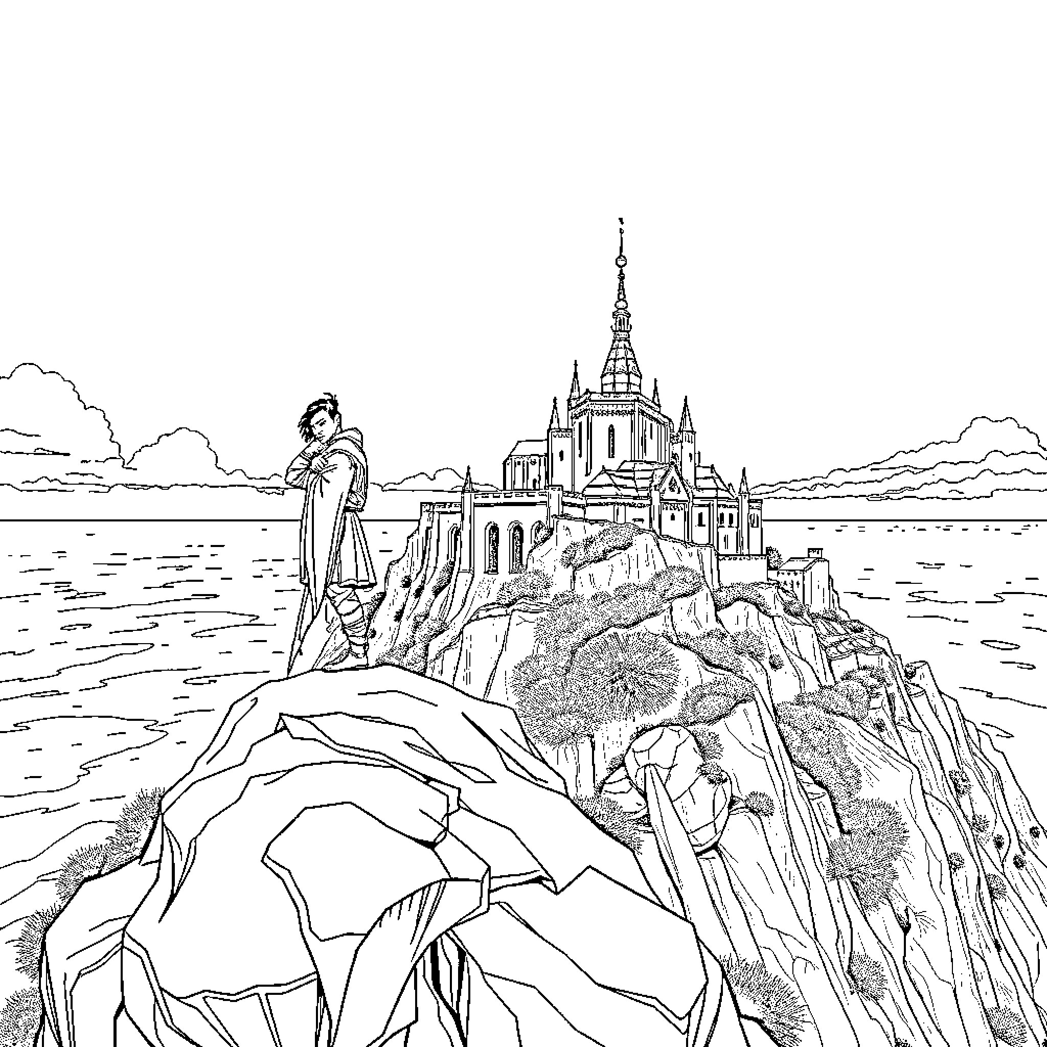 Asterix overlooking a fantasy castle landscape Coloring Page (free black-and-white line drawing printable PDF for all, from beginners to advanced learners, including children, teens, adults, and seniors)