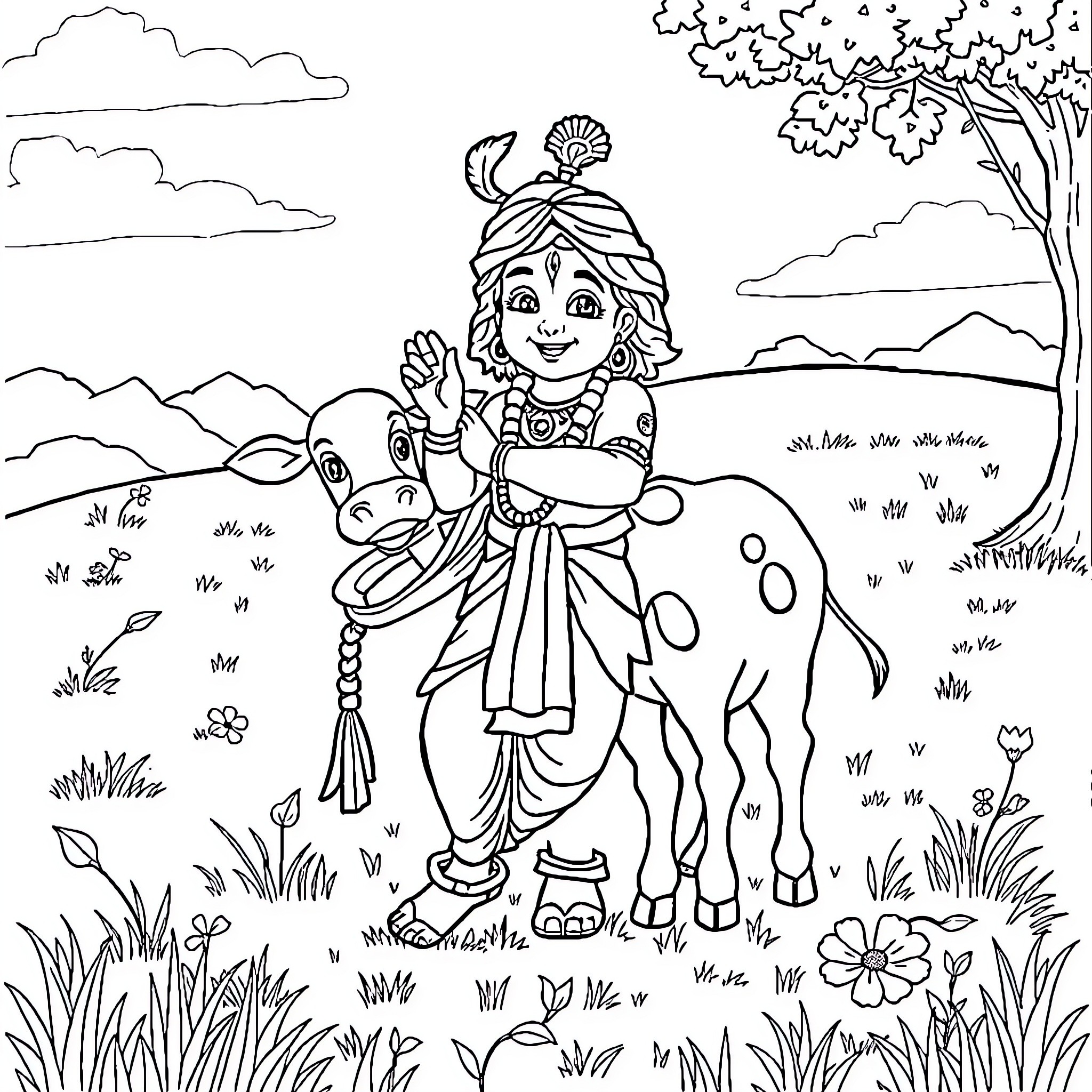 Krishna playing with a calf in a meadow Coloring Page (free black-and-white line drawing printable PDF for all, from beginners to advanced learners, including children, teens, adults, and seniors)