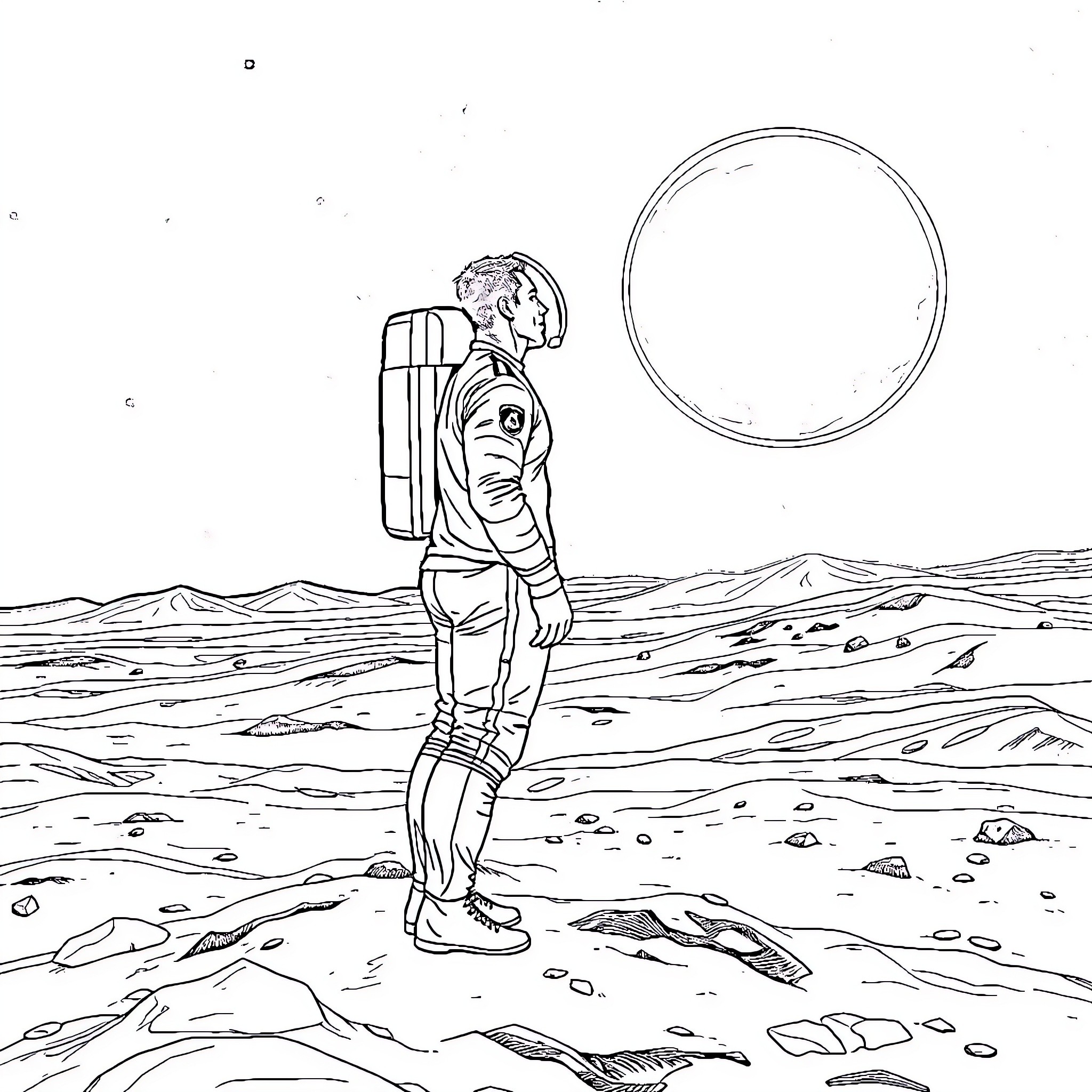 Cristiano Ronaldo exploring the vast lunar landscape Coloring Page (free black-and-white line drawing printable PDF for all, from beginners to advanced learners, including children, teens, adults, and seniors)