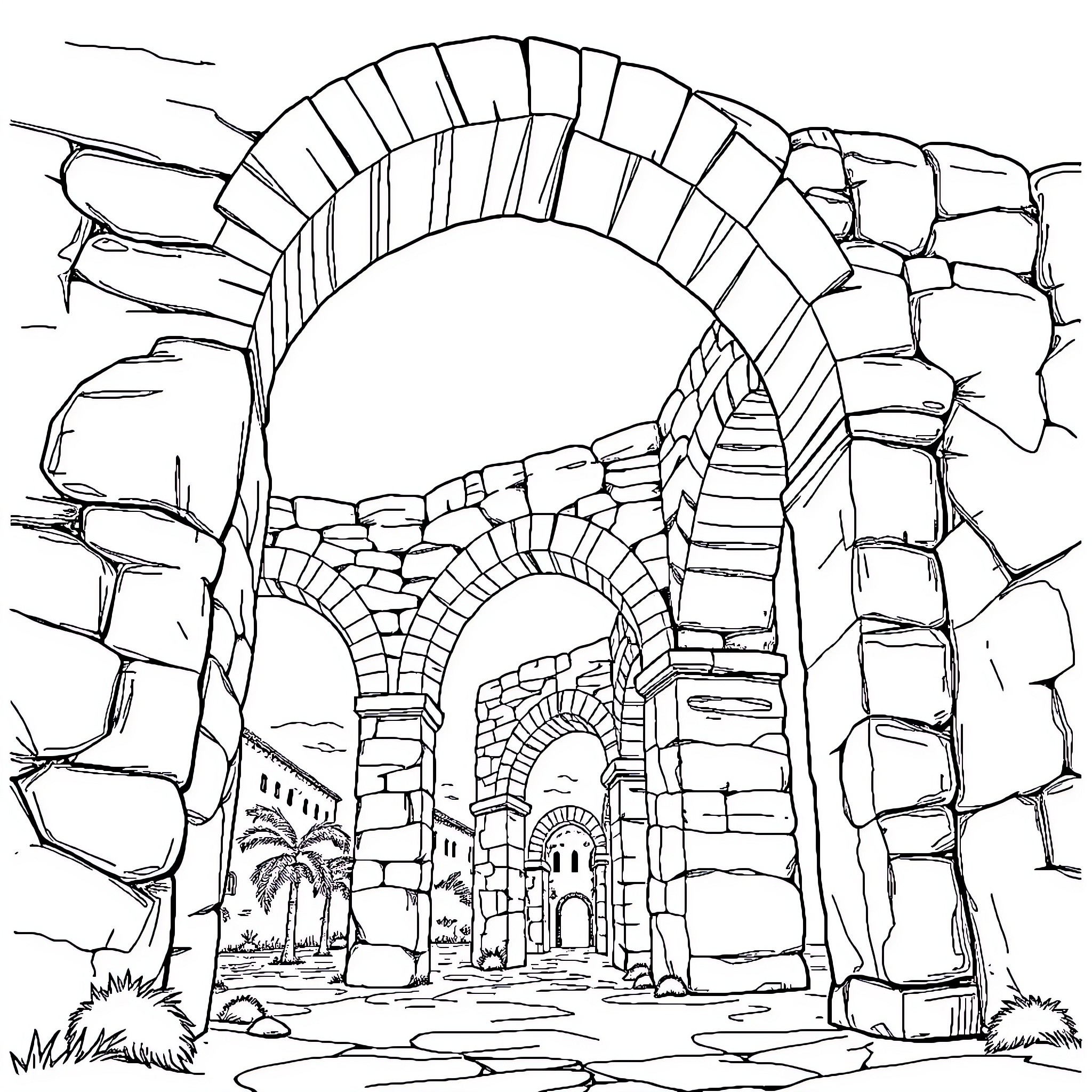 Arch of Ancient Ruins Coloring Page (free black-and-white line drawing printable PDF for all, from beginners to advanced learners, including children, teens, adults, and seniors)