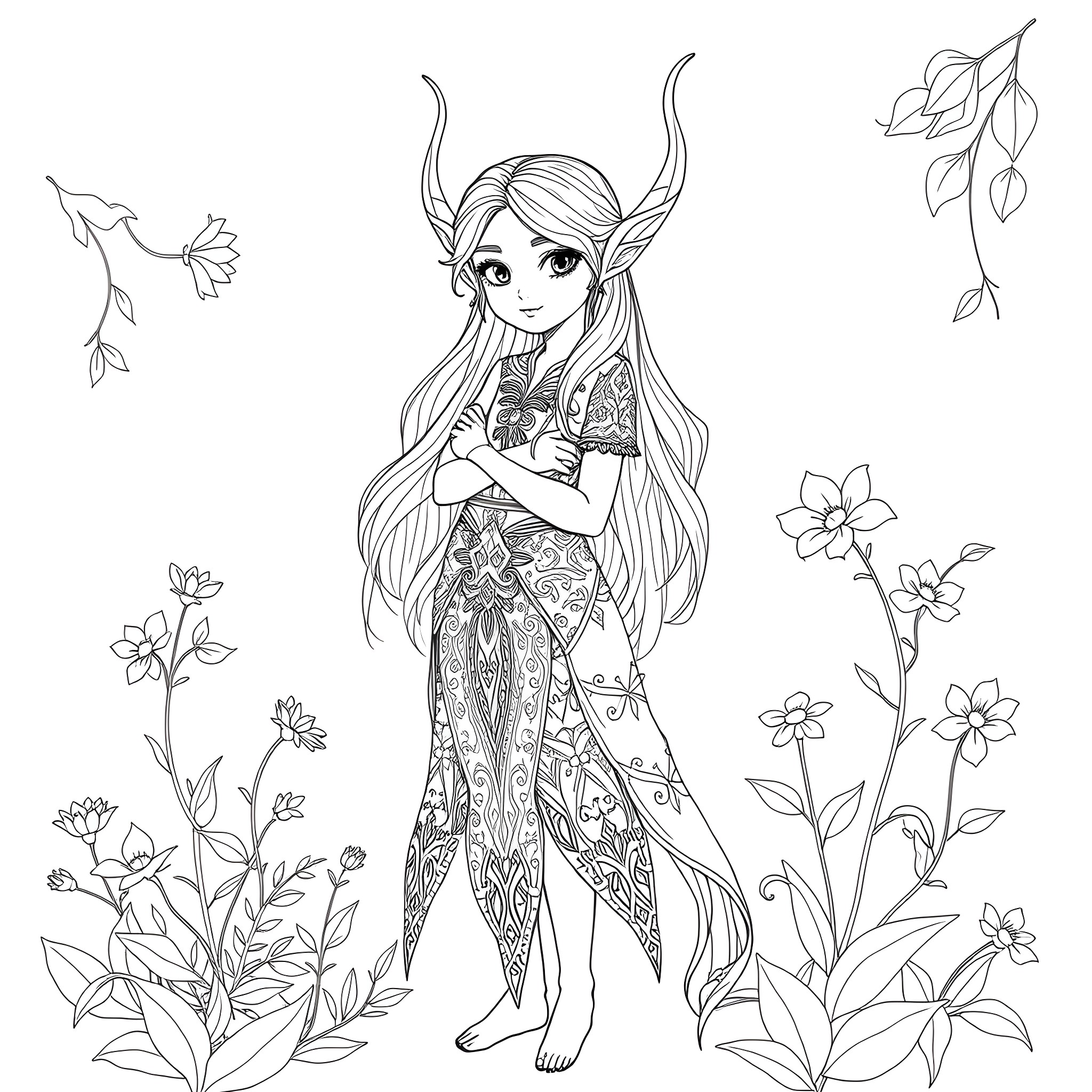 Girl Elf in Enchanting Floral Setting Coloring Page (free black-and-white line drawing printable PDF for all, from beginners to advanced learners, including children, teens, adults, and seniors)