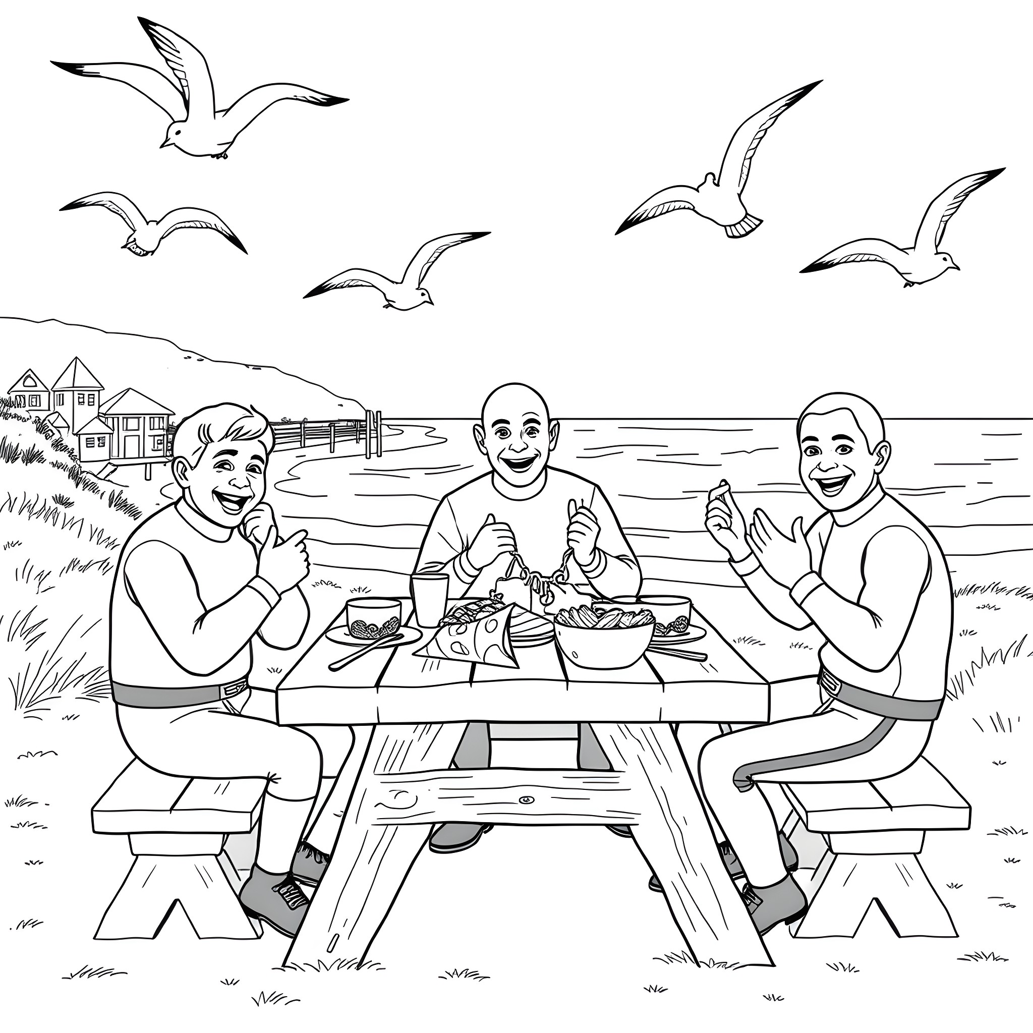 Wiggles having a picnic by the beach Coloring Page (free black-and-white line drawing printable PDF for all, from beginners to advanced learners, including children, teens, adults, and seniors)