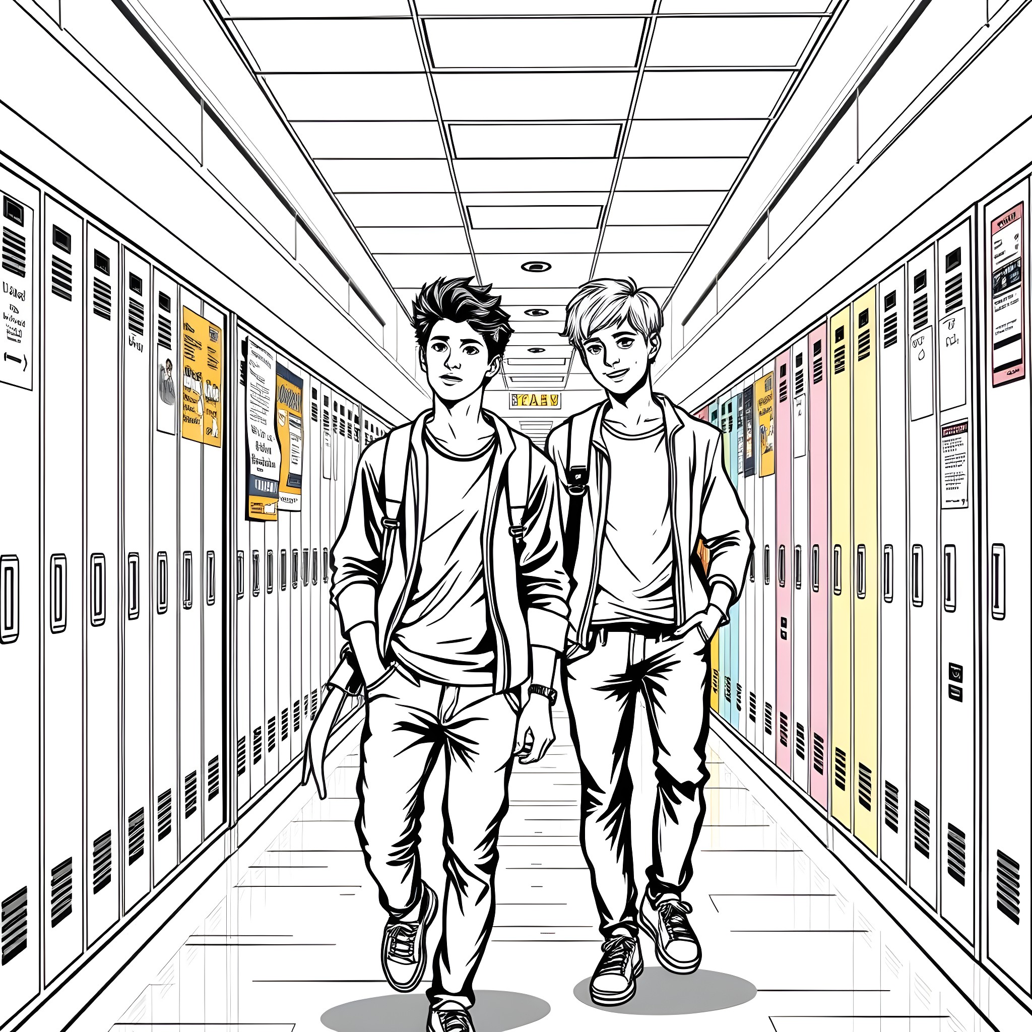 Teen Boys Walking in School Hallway Coloring Page (free black-and-white line drawing printable PDF for all, from beginners to advanced learners, including children, teens, adults, and seniors)