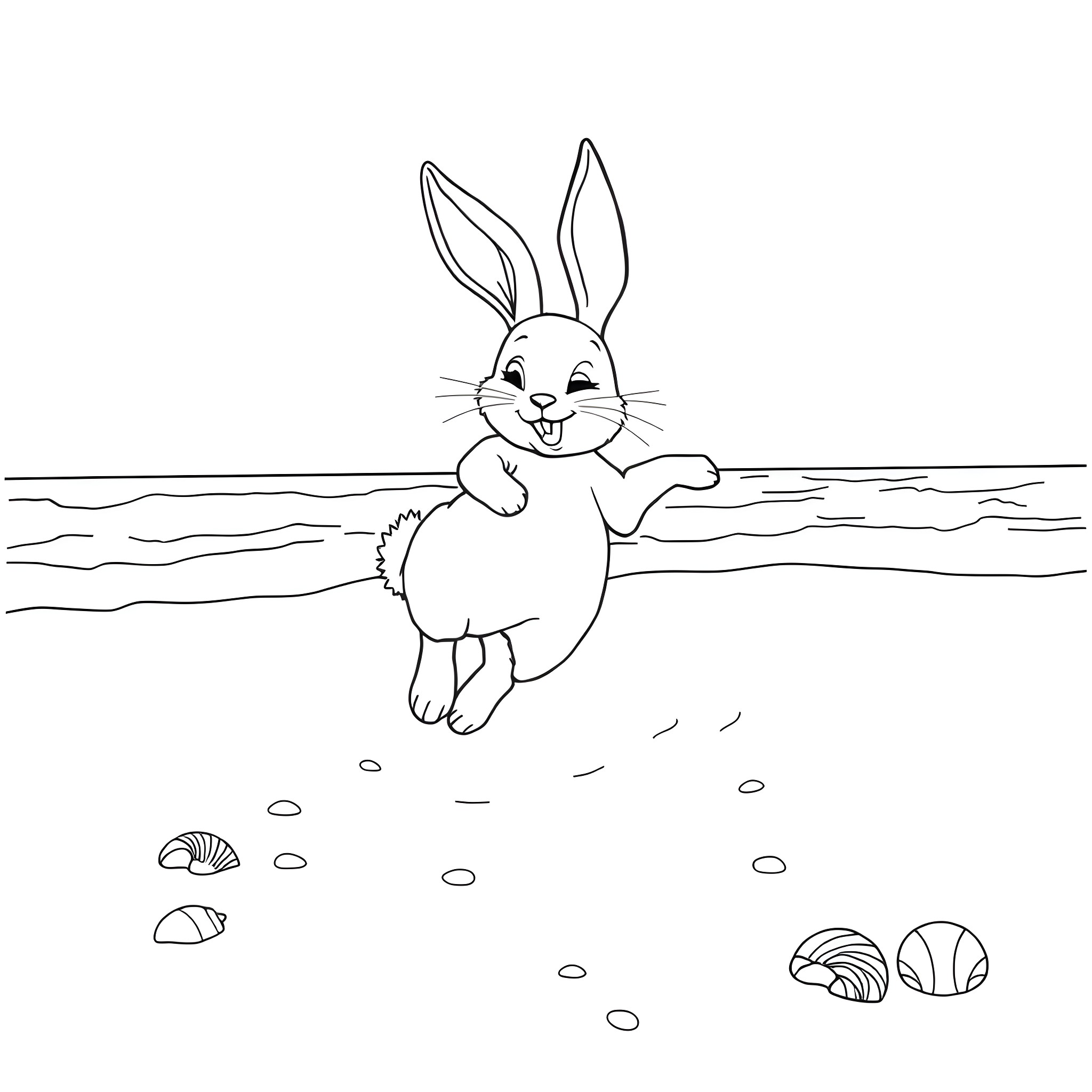 Bunny hopping happily on the beach Coloring Page (free black-and-white line drawing printable PDF for all, from beginners to advanced learners, including children, teens, adults, and seniors)
