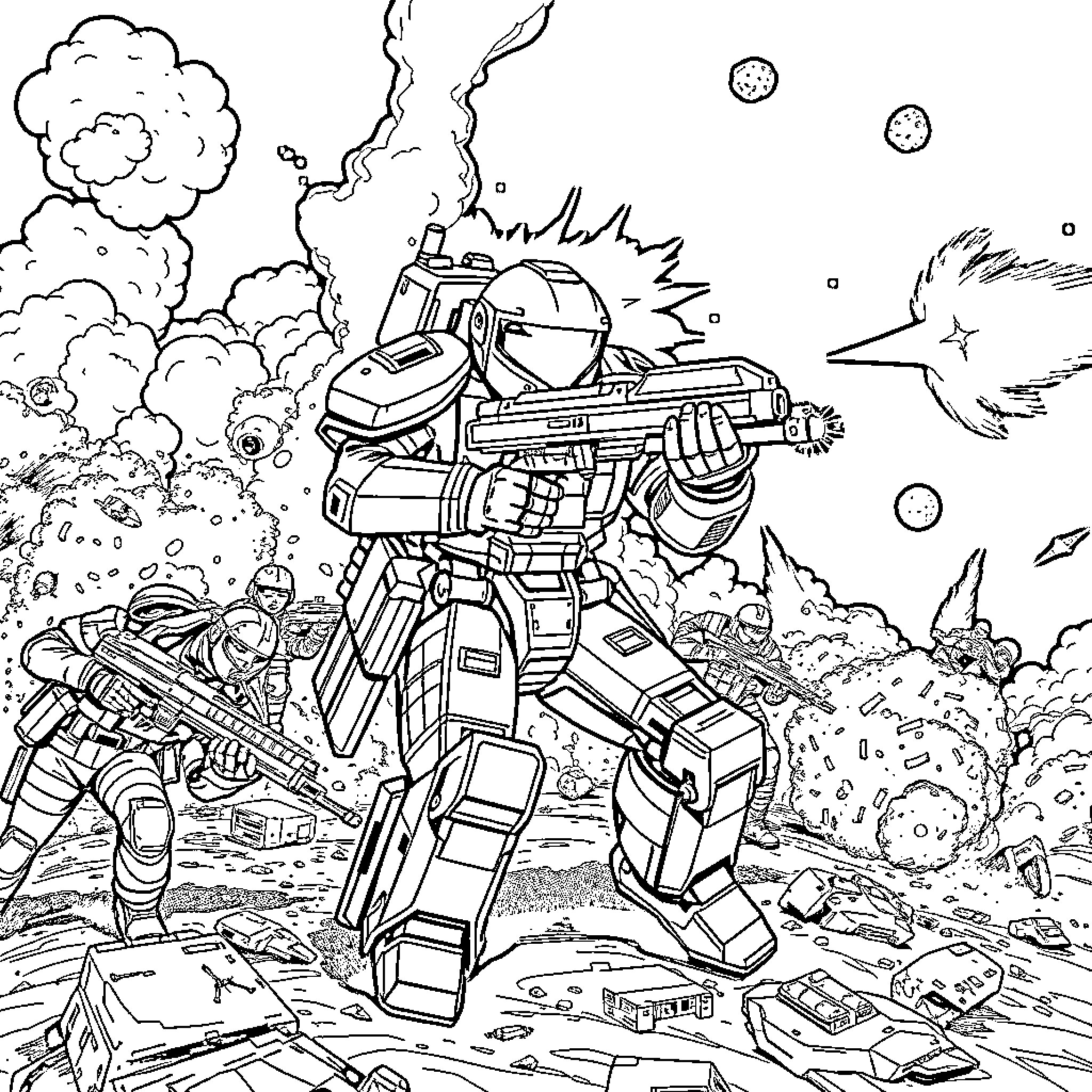 Starcraft Marine battling in a chaotic scene Coloring Page (free black-and-white line drawing printable PDF for all, from beginners to advanced learners, including children, teens, adults, and seniors)