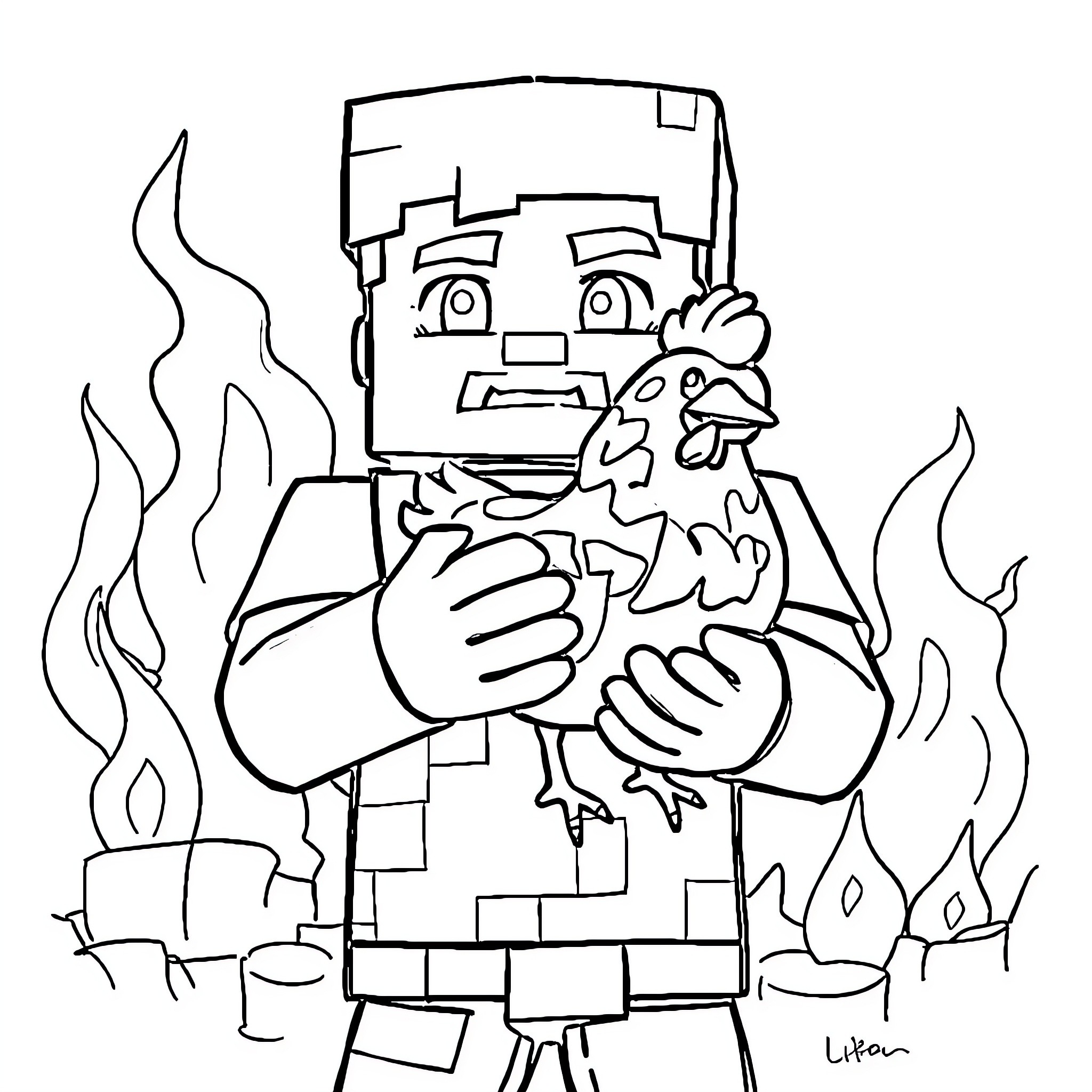 Lava Chicken: Fiery Encounter with Determined Pixel Character Coloring Page (free black-and-white line drawing printable PDF for all, from beginners to advanced learners, including children, teens, adults, and seniors)