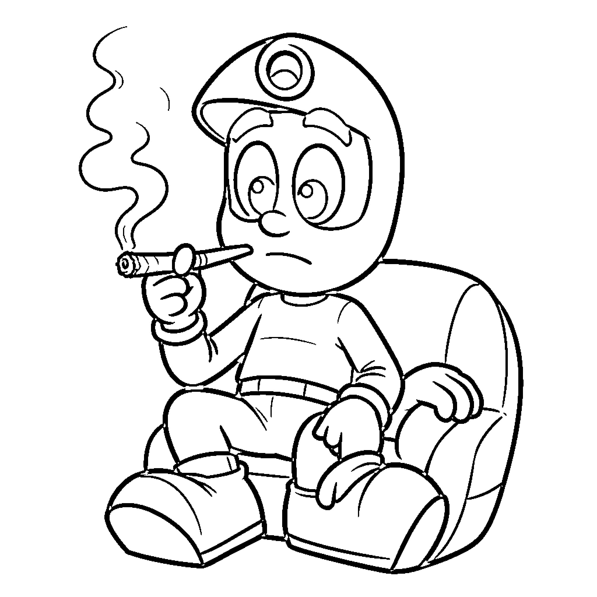 Marvin sitting while smoking a cigar with a serious expression Coloring Page (free black-and-white line drawing printable PDF for all, from beginners to advanced learners, including children, teens, adults, and seniors)