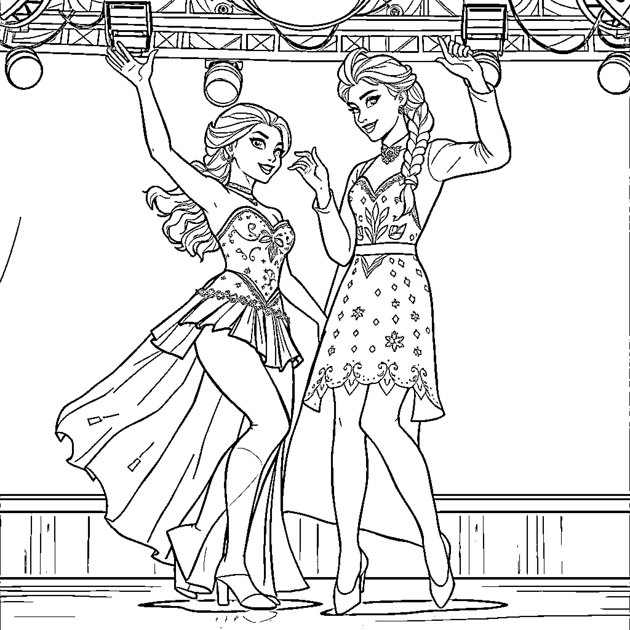 K Pop Princesses Dance Gracefully on Stage Coloring Page (free black-and-white line drawing printable PDF for all, from beginners to advanced learners, including children, teens, adults, and seniors)