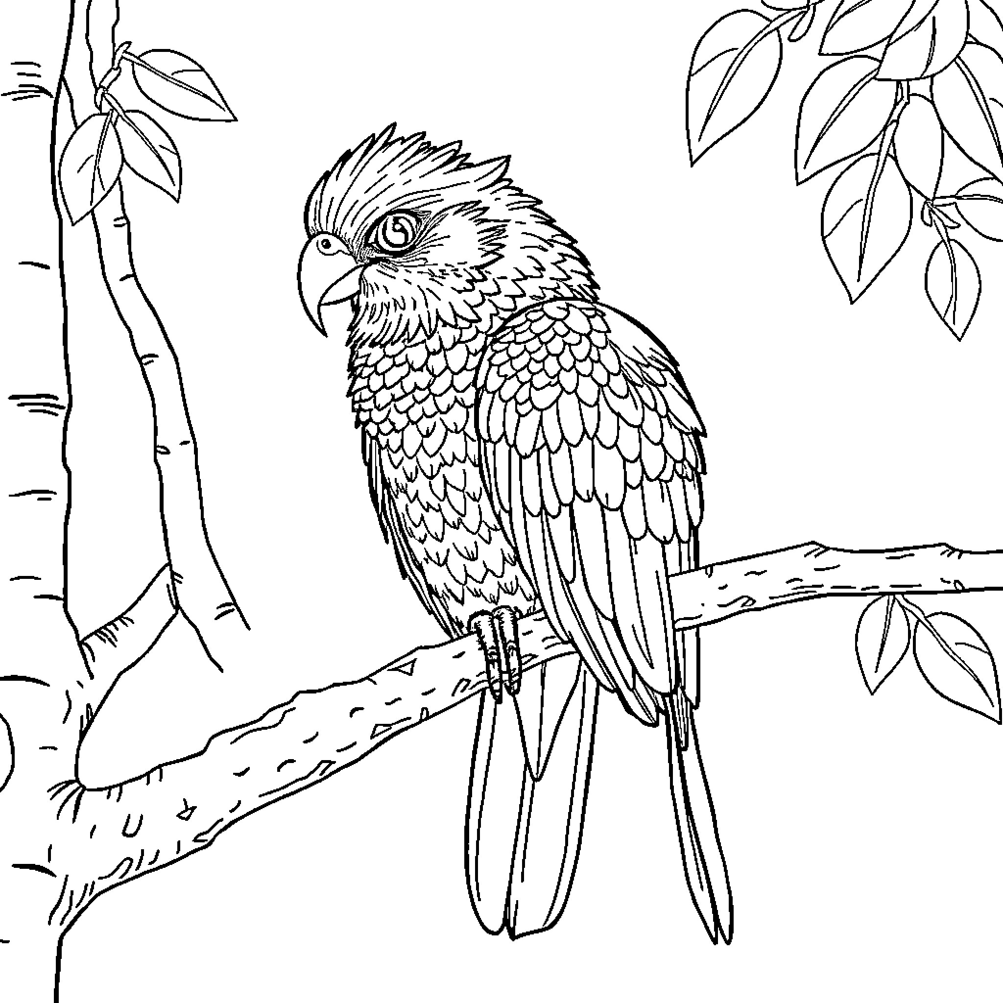 Katseye Parrot Perched in Lush Forest Coloring Page (free black-and-white line drawing printable PDF for all, from beginners to advanced learners, including children, teens, adults, and seniors)