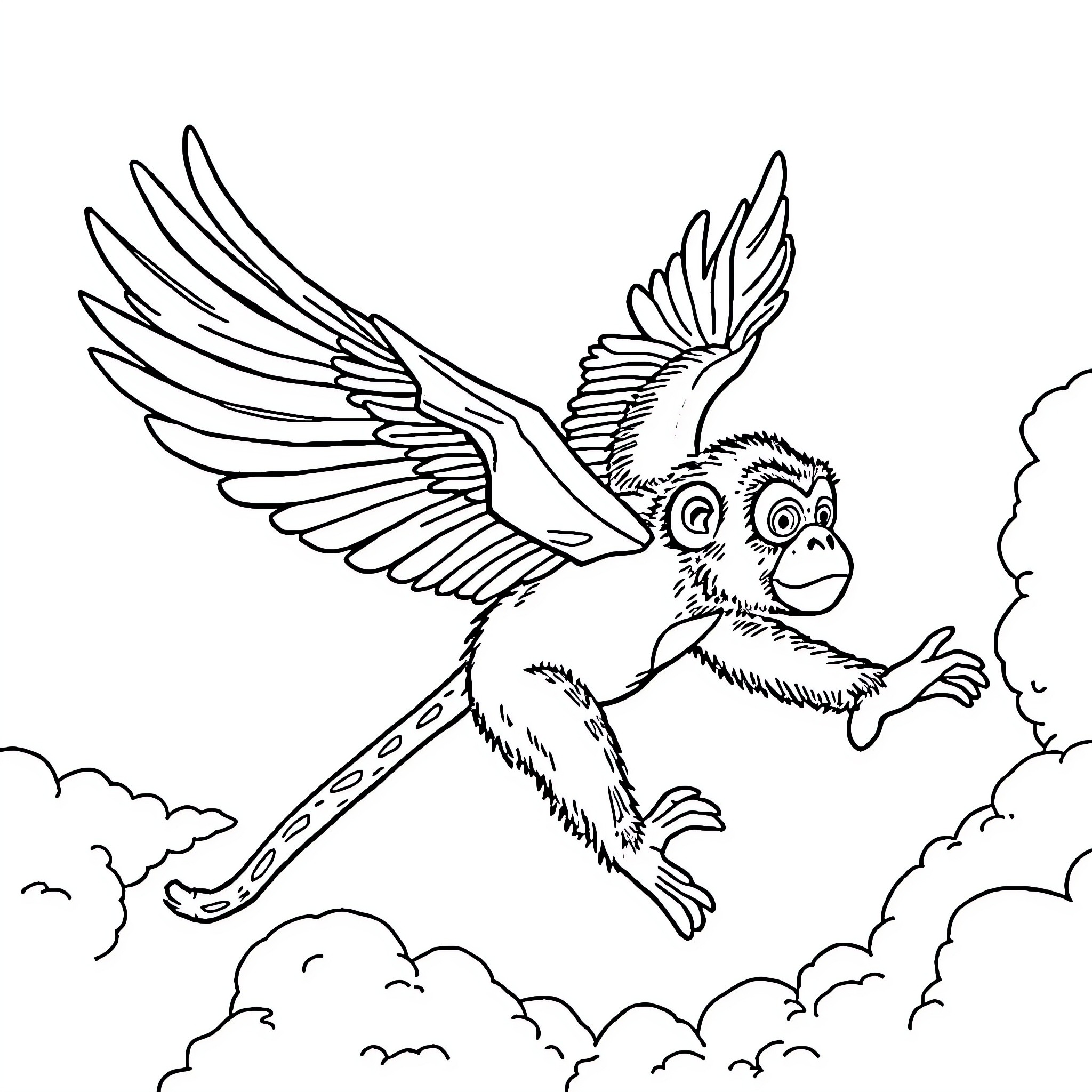 Monkey with wings soaring through the clouds Coloring Page (free black-and-white line drawing printable PDF for all, from beginners to advanced learners, including children, teens, adults, and seniors)