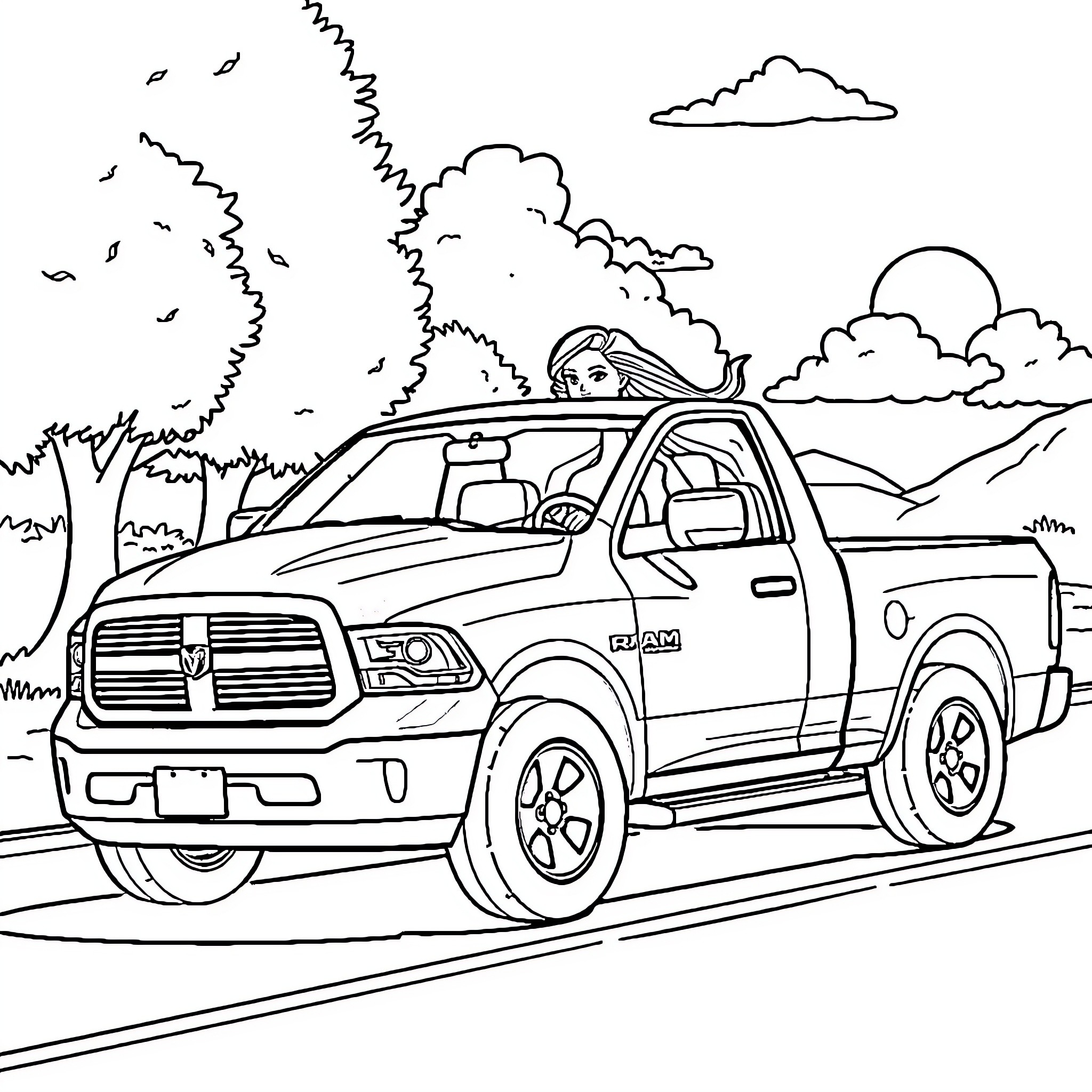 Barbie driving a pickup truck in the countryside Coloring Page (free black-and-white line drawing printable PDF for all, from beginners to advanced learners, including children, teens, adults, and seniors)