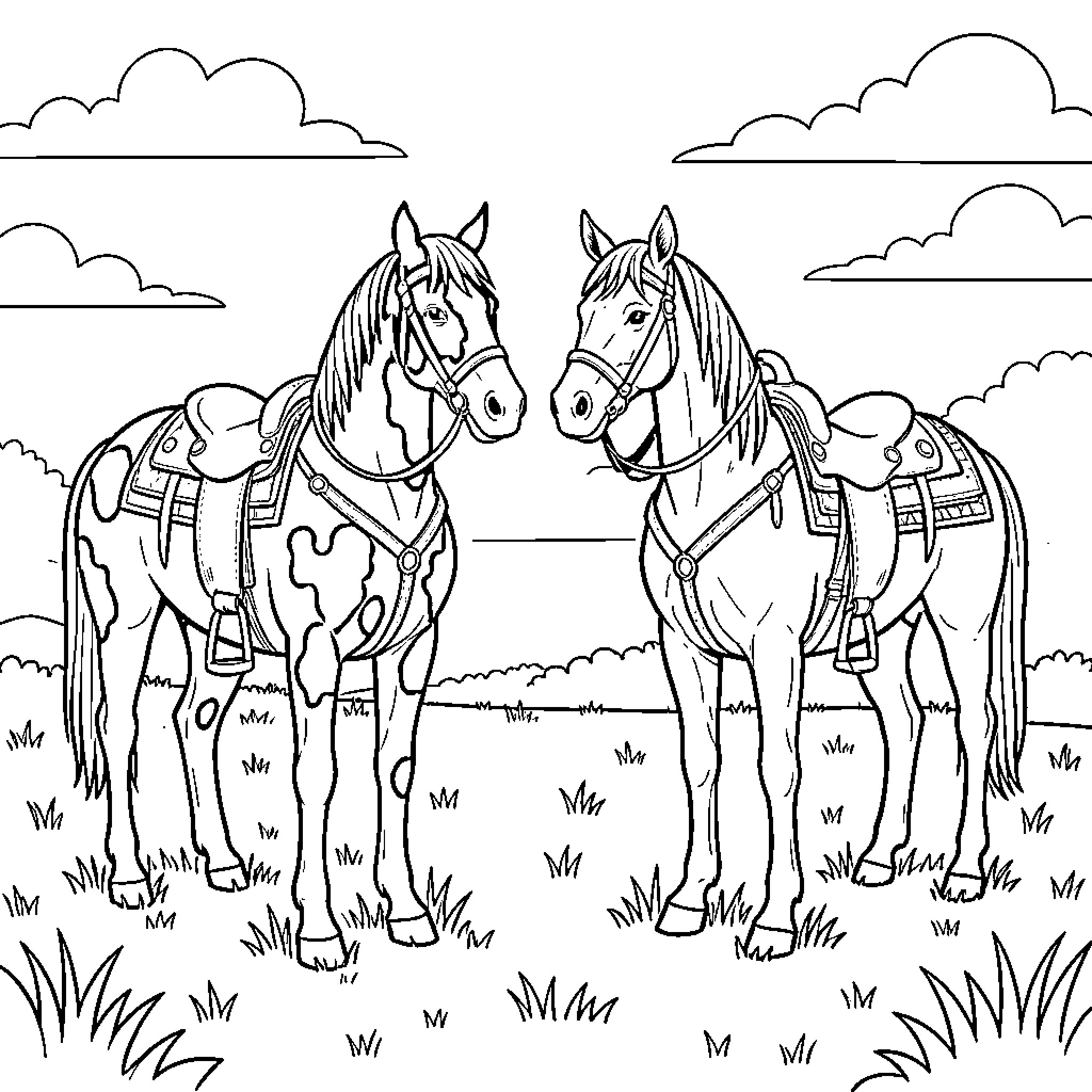 Horse pair standing together in a grassy field Coloring Page (free black-and-white line drawing printable PDF for all, from beginners to advanced learners, including children, teens, adults, and seniors)