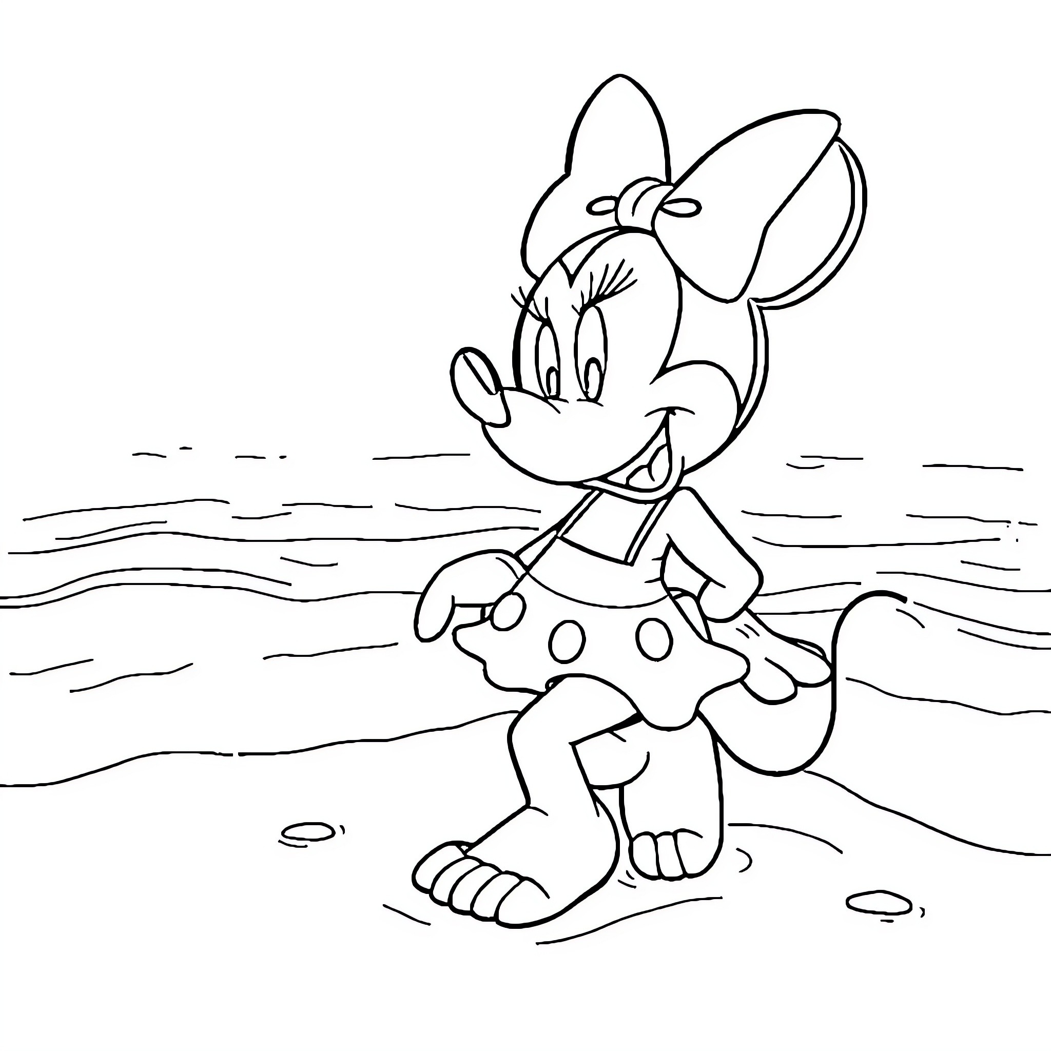 Minnie Mouse enjoying herself at the beach Coloring Page (free black-and-white line drawing printable PDF for all, from beginners to advanced learners, including children, teens, adults, and seniors)