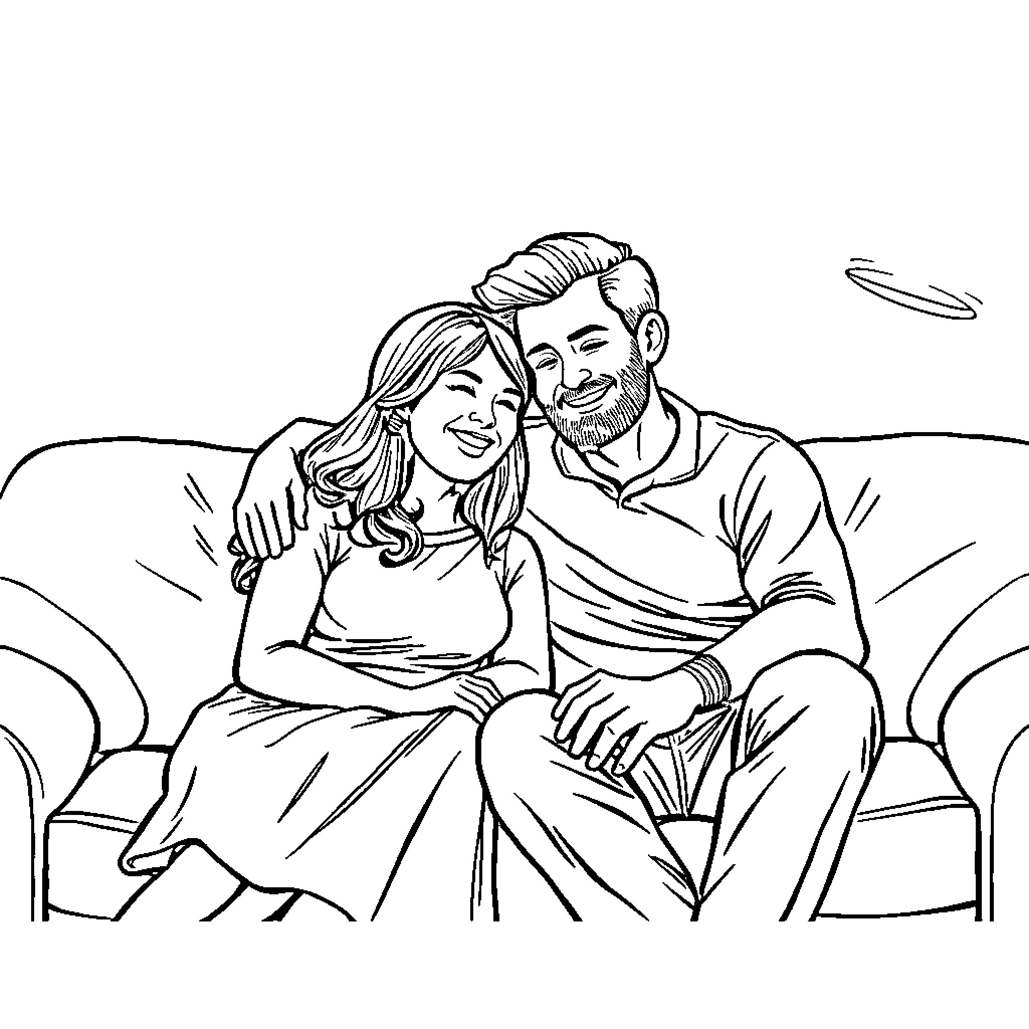 Parents embracing lovingly on the couch Coloring Page (free black-and-white line drawing printable PDF for all, from beginners to advanced learners, including children, teens, adults, and seniors)