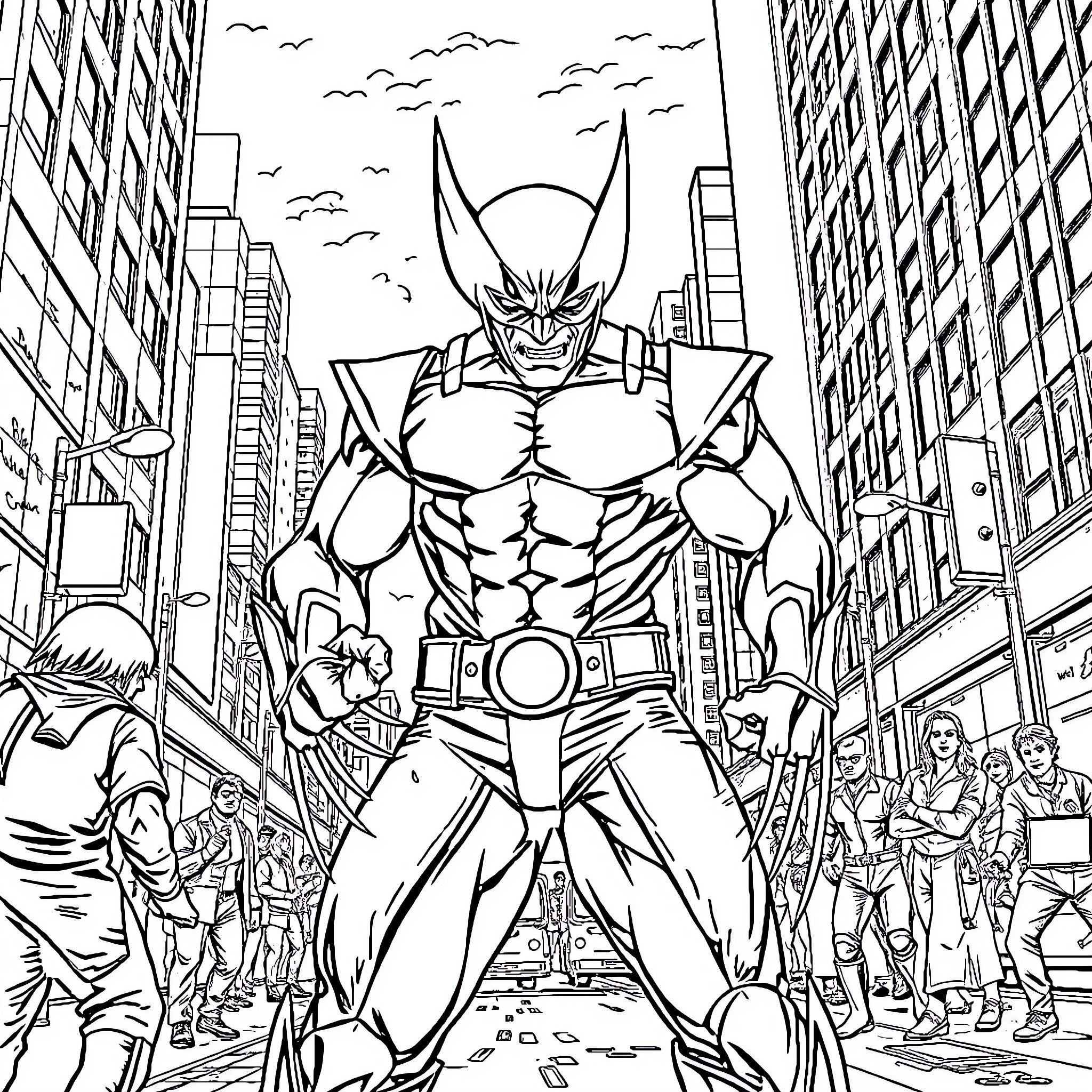 Wolverine Battles Enemies in the City Streets Coloring Page (free black-and-white line drawing printable PDF for all, from beginners to advanced learners, including children, teens, adults, and seniors)