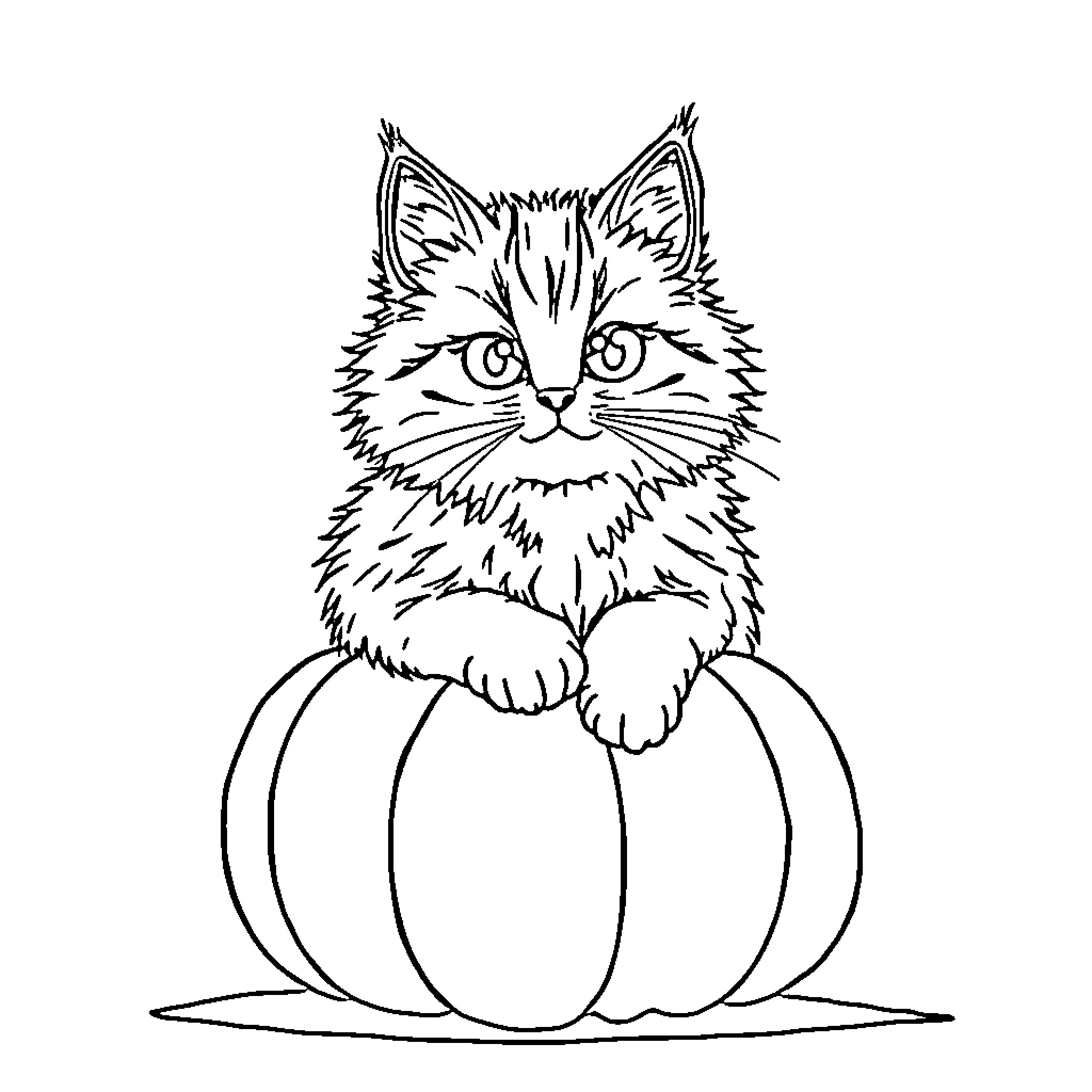 Cat sitting on pumpkin with detailed fur Coloring Page (free black-and-white line drawing printable PDF for all, from beginners to advanced learners, including children, teens, adults, and seniors)