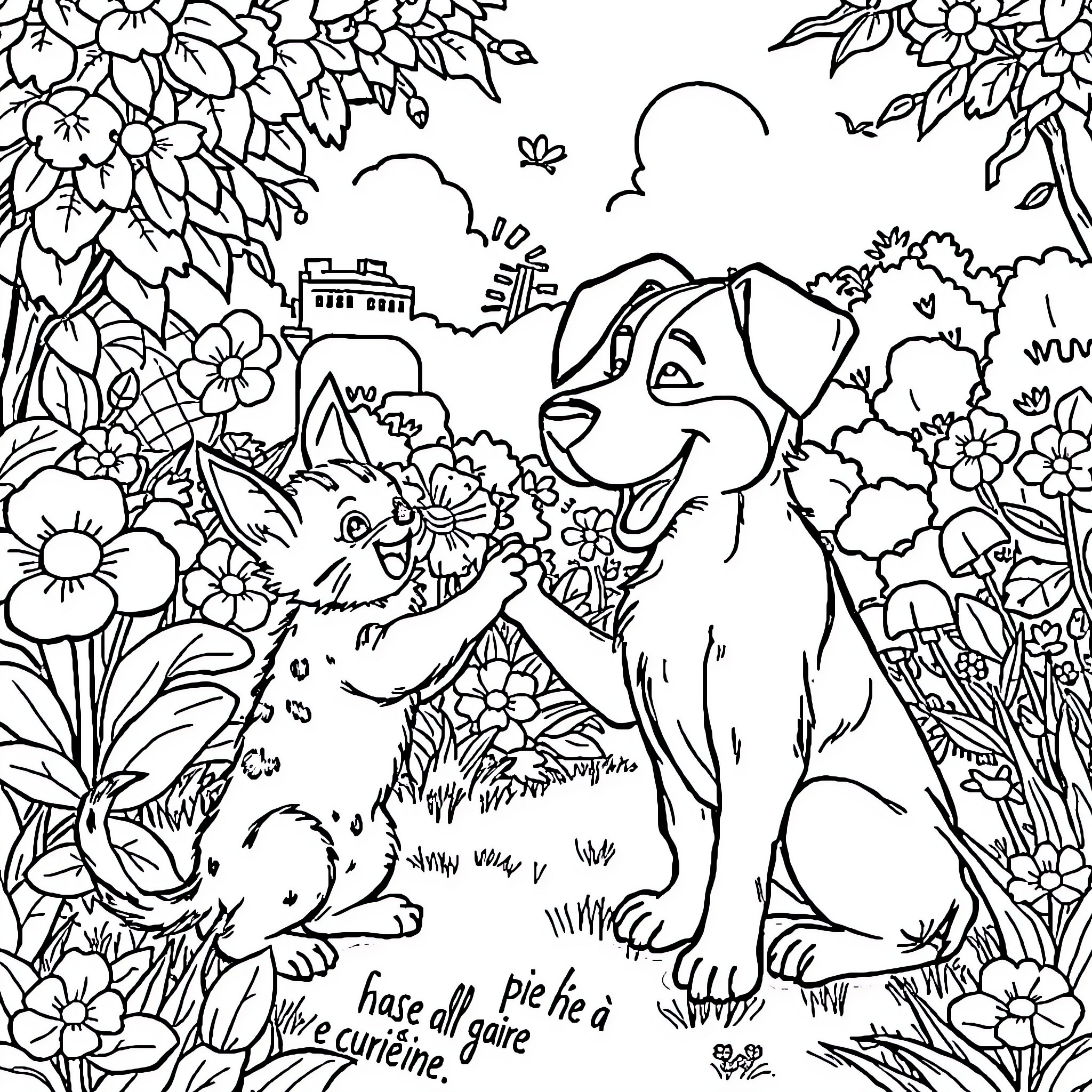 Dog playing with rabbit in floral garden Coloring Page (free black-and-white line drawing printable PDF for all, from beginners to advanced learners, including children, teens, adults, and seniors)