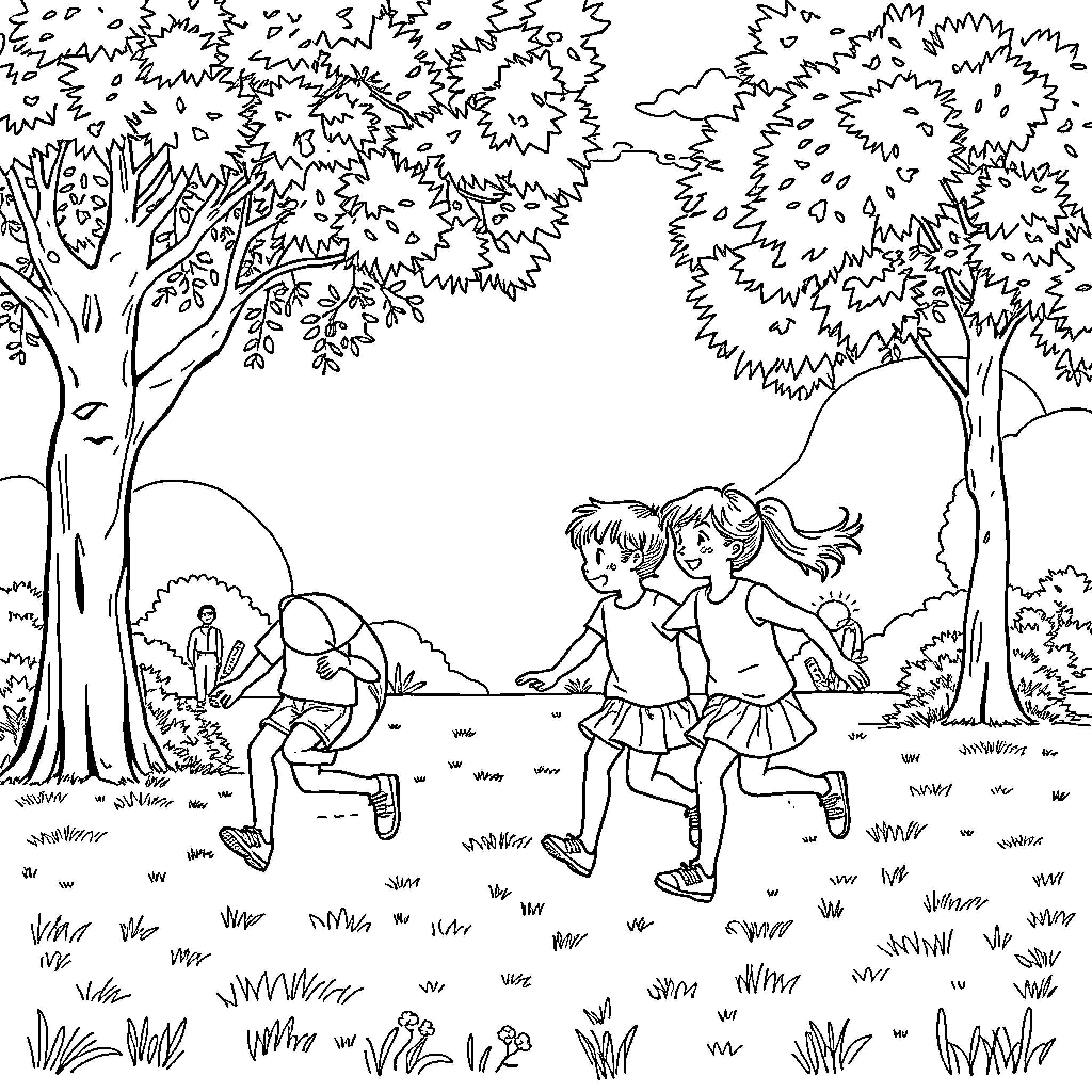 Playing children running in the park Coloring Page (free black-and-white line drawing printable PDF for all, from beginners to advanced learners, including children, teens, adults, and seniors)