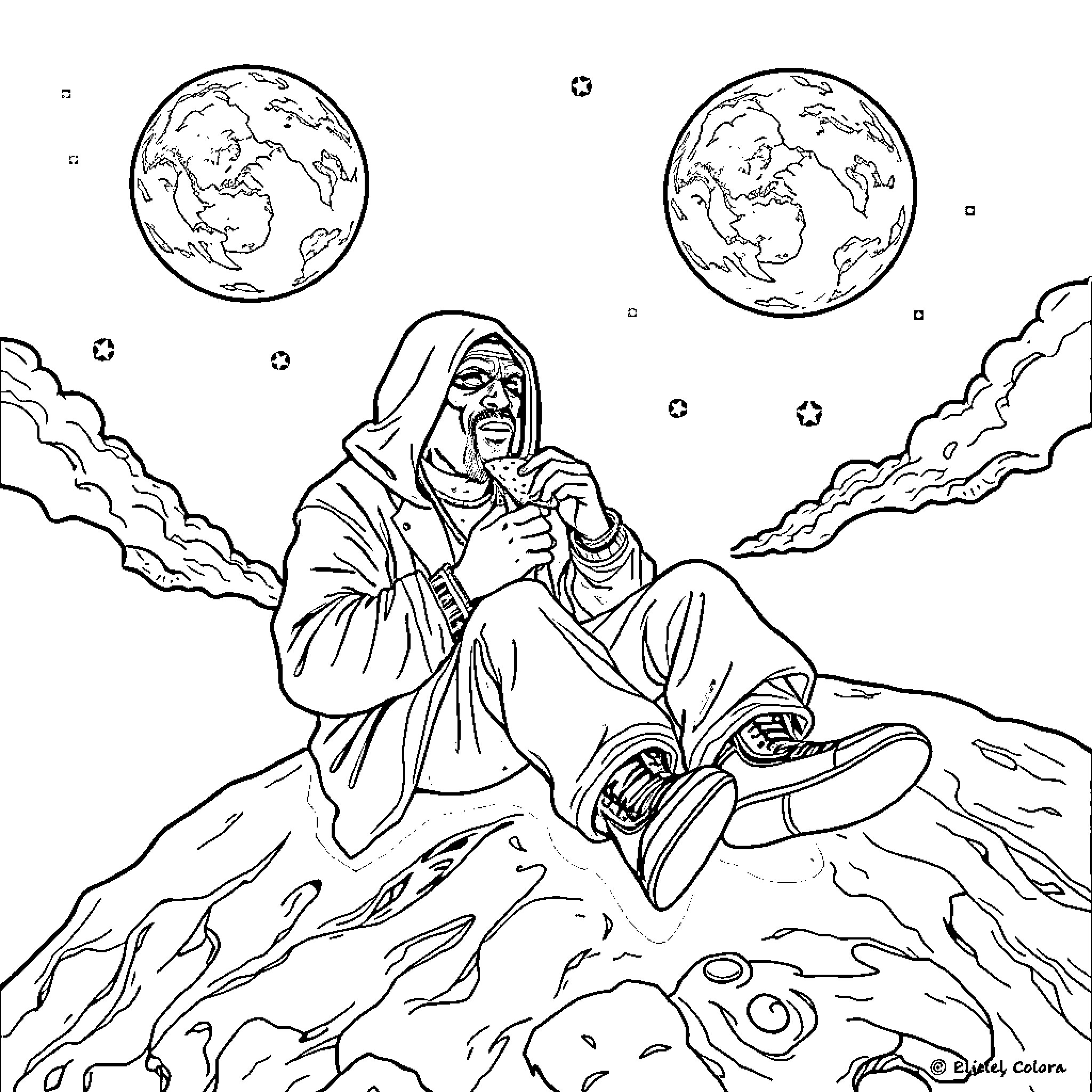 MF DOOM in contemplative pose on a rocky landscape Coloring Page (free black-and-white line drawing printable PDF for all, from beginners to advanced learners, including children, teens, adults, and seniors)