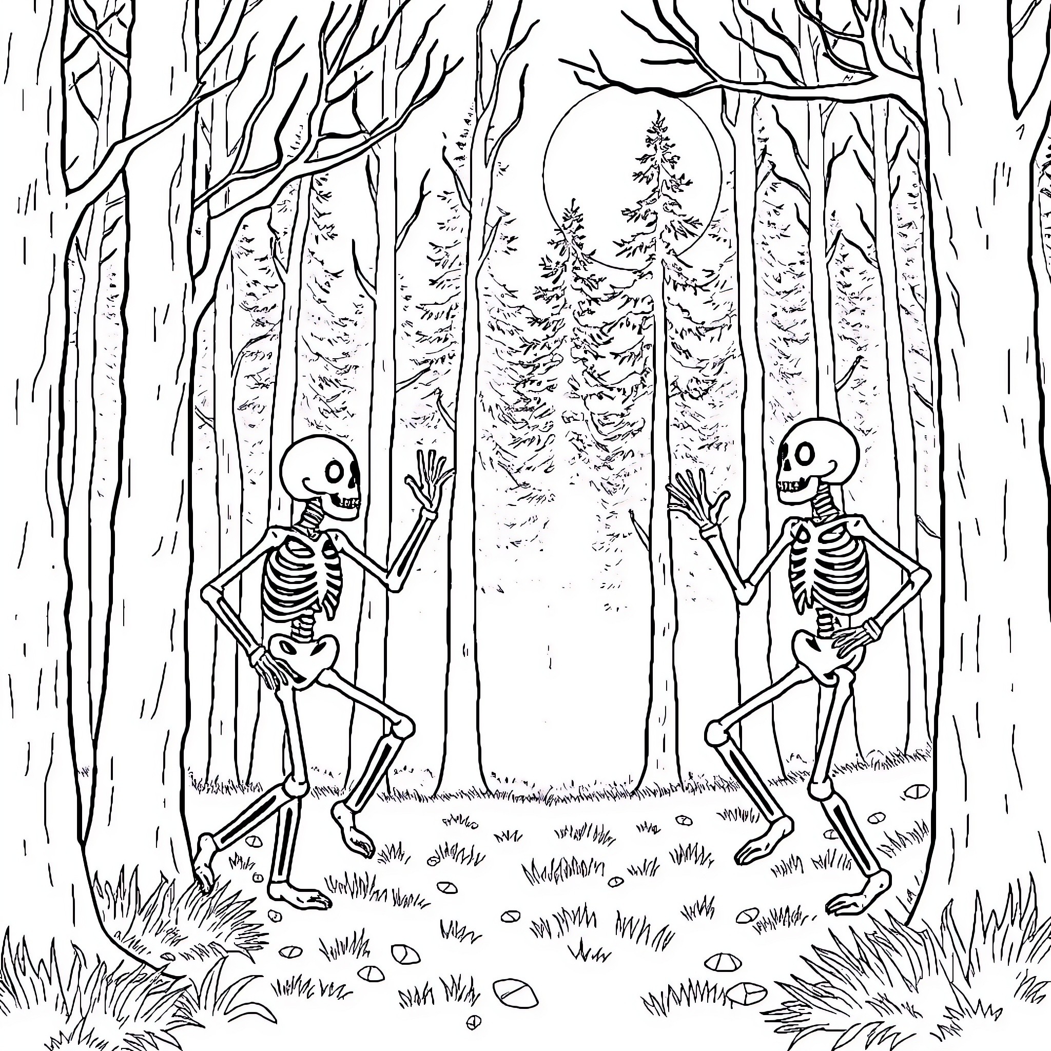 Dancing Skeletons in the Spooky Forest Coloring Page (free black-and-white line drawing printable PDF for all, from beginners to advanced learners, including children, teens, adults, and seniors)