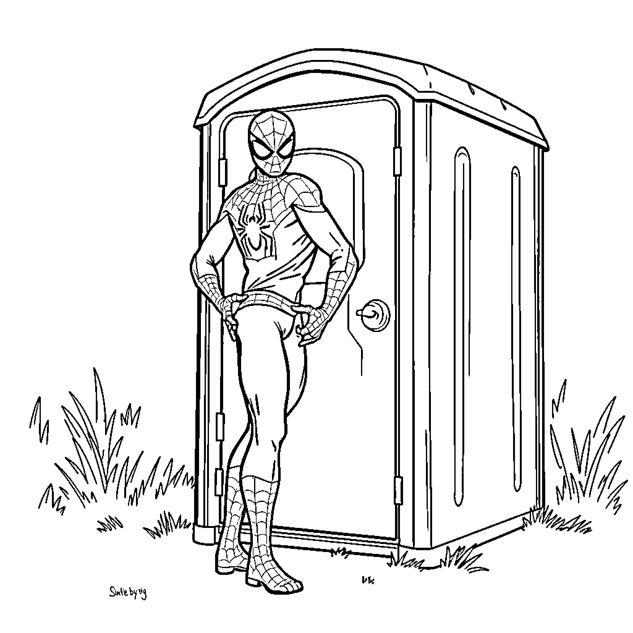 Spider-Man Emerging from Portable Restroom Coloring Page (free black-and-white line drawing printable PDF for all, from beginners to advanced learners, including children, teens, adults, and seniors)