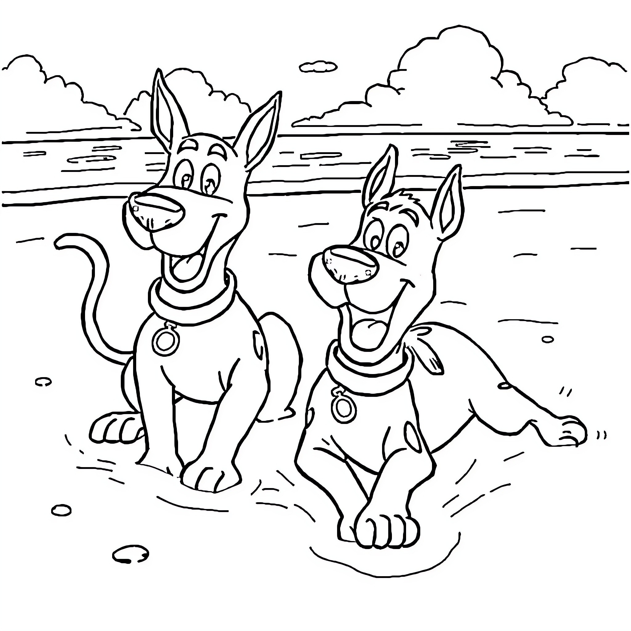 Bluey and friends enjoying the outdoors Coloring Page (free black-and-white line drawing printable PDF for all, from beginners to advanced learners, including children, teens, adults, and seniors)
