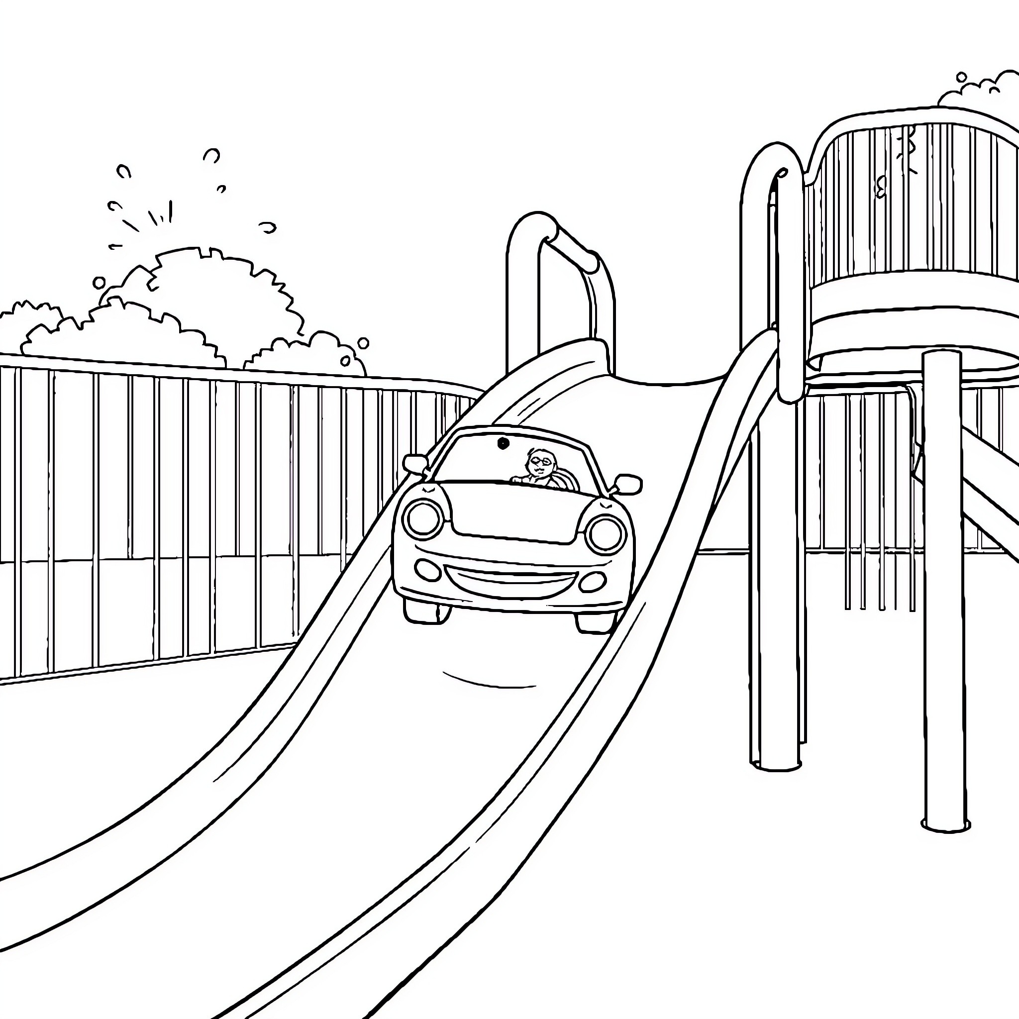 Car driving down a playground slide Coloring Page (free black-and-white line drawing printable PDF for all, from beginners to advanced learners, including children, teens, adults, and seniors)