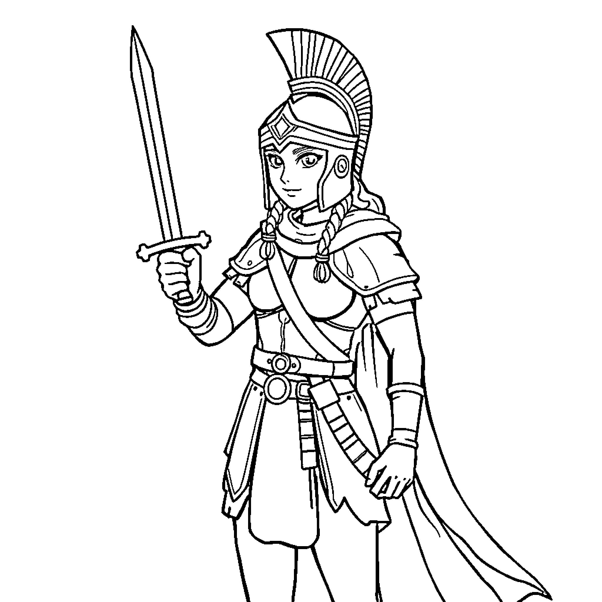 Girl Soldier in Heroic Combat Pose Coloring Page (free black-and-white line drawing printable PDF for all, from beginners to advanced learners, including children, teens, adults, and seniors)