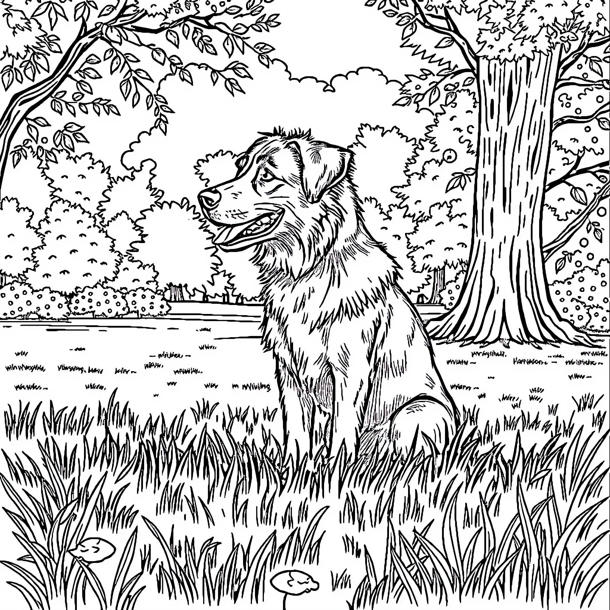 Dog relaxing in the peaceful nature Coloring Page (free black-and-white line drawing printable PDF for all, from beginners to advanced learners, including children, teens, adults, and seniors)
