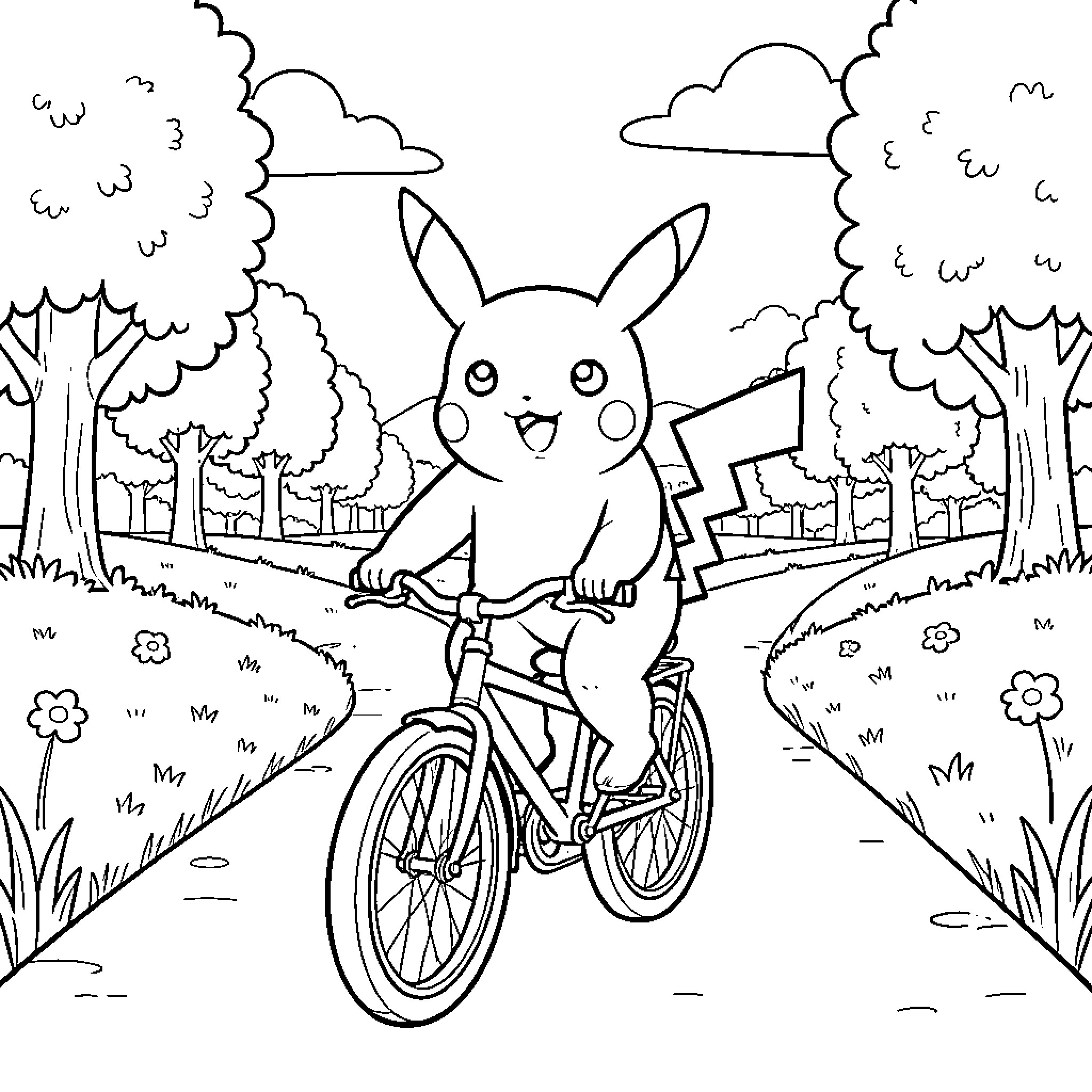 Pikachu riding a bicycle through a park Coloring Page (free black-and-white line drawing printable PDF for all, from beginners to advanced learners, including children, teens, adults, and seniors)