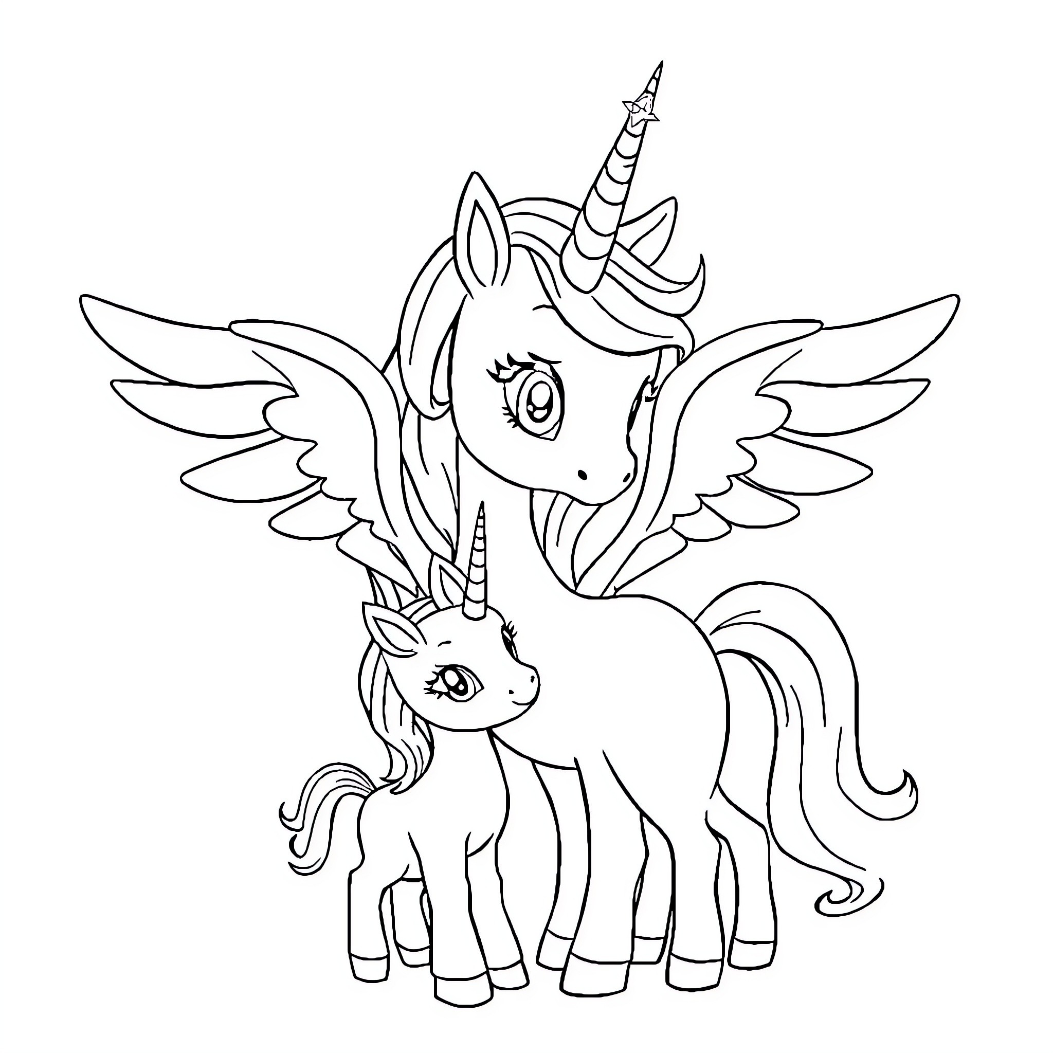 Alicorns in a Whimsical Embrace Coloring Page (free black-and-white line drawing printable PDF for all, from beginners to advanced learners, including children, teens, adults, and seniors)