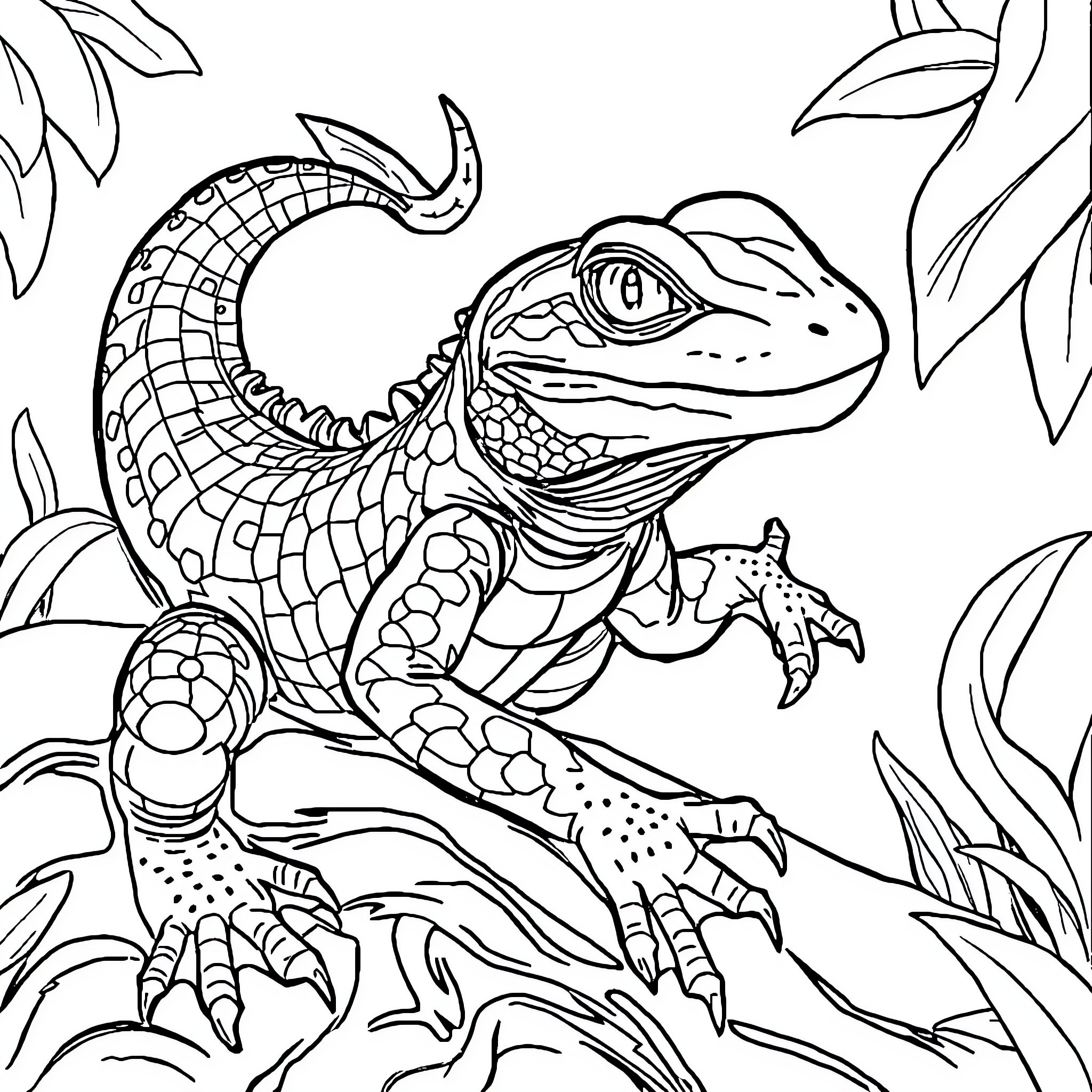 Reptile exploring the lush foliage Coloring Page (free black-and-white line drawing printable PDF for all, from beginners to advanced learners, including children, teens, adults, and seniors)