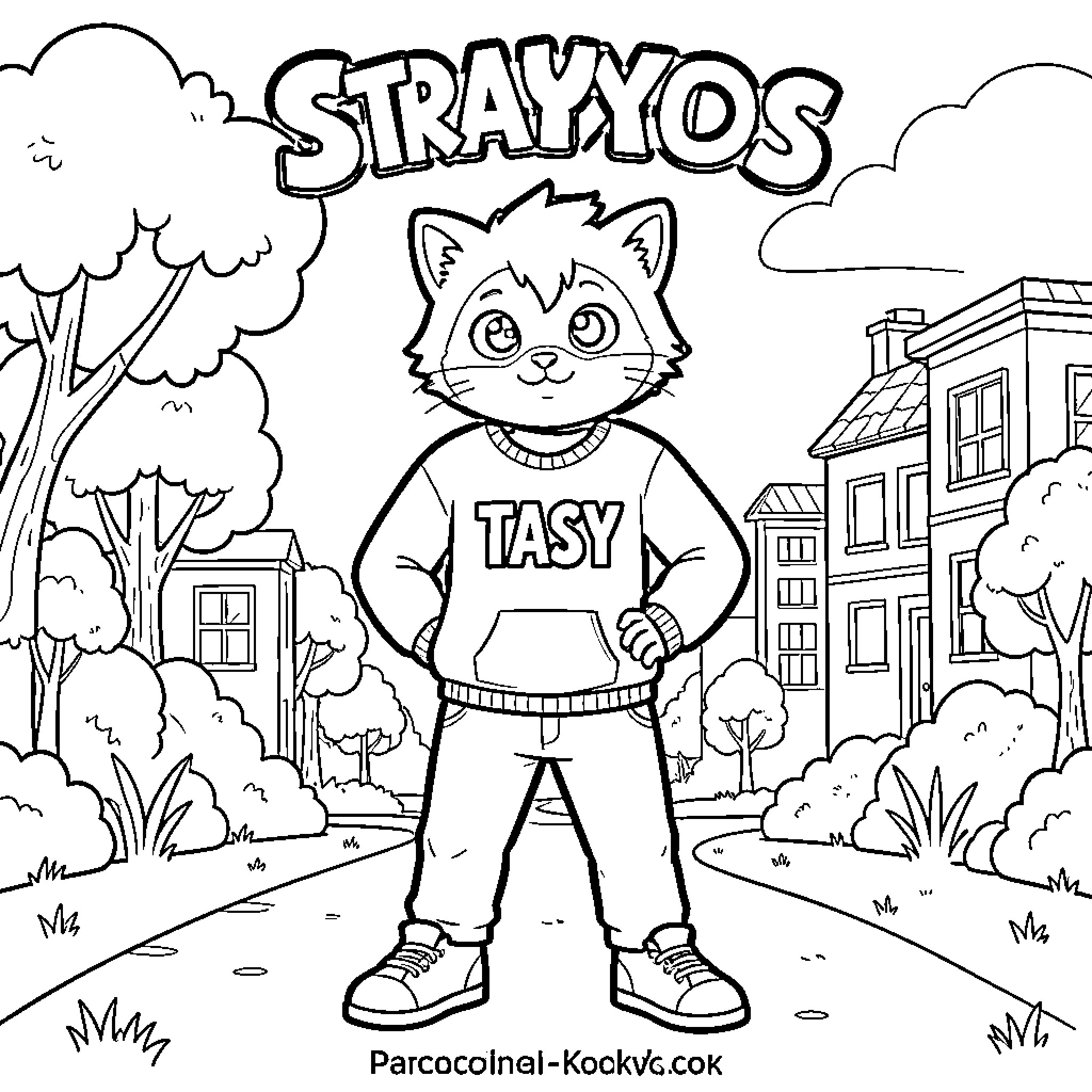 TASY anthropomorphic cat character standing in a street scene Coloring Page (free black-and-white line drawing printable PDF for all, from beginners to advanced learners, including children, teens, adults, and seniors)