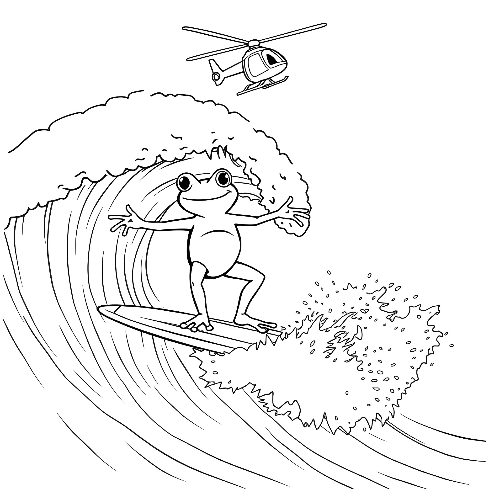 Frog surfing cool waves with helicopter above Coloring Page (free black-and-white line drawing printable PDF for all, from beginners to advanced learners, including children, teens, adults, and seniors)