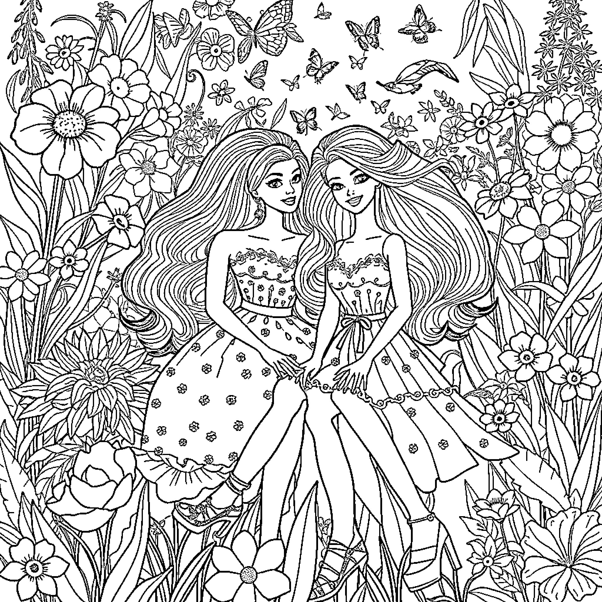 Barbie and Friends in a Floral Wonderland Coloring Page (free black-and-white line drawing printable PDF for all, from beginners to advanced learners, including children, teens, adults, and seniors)