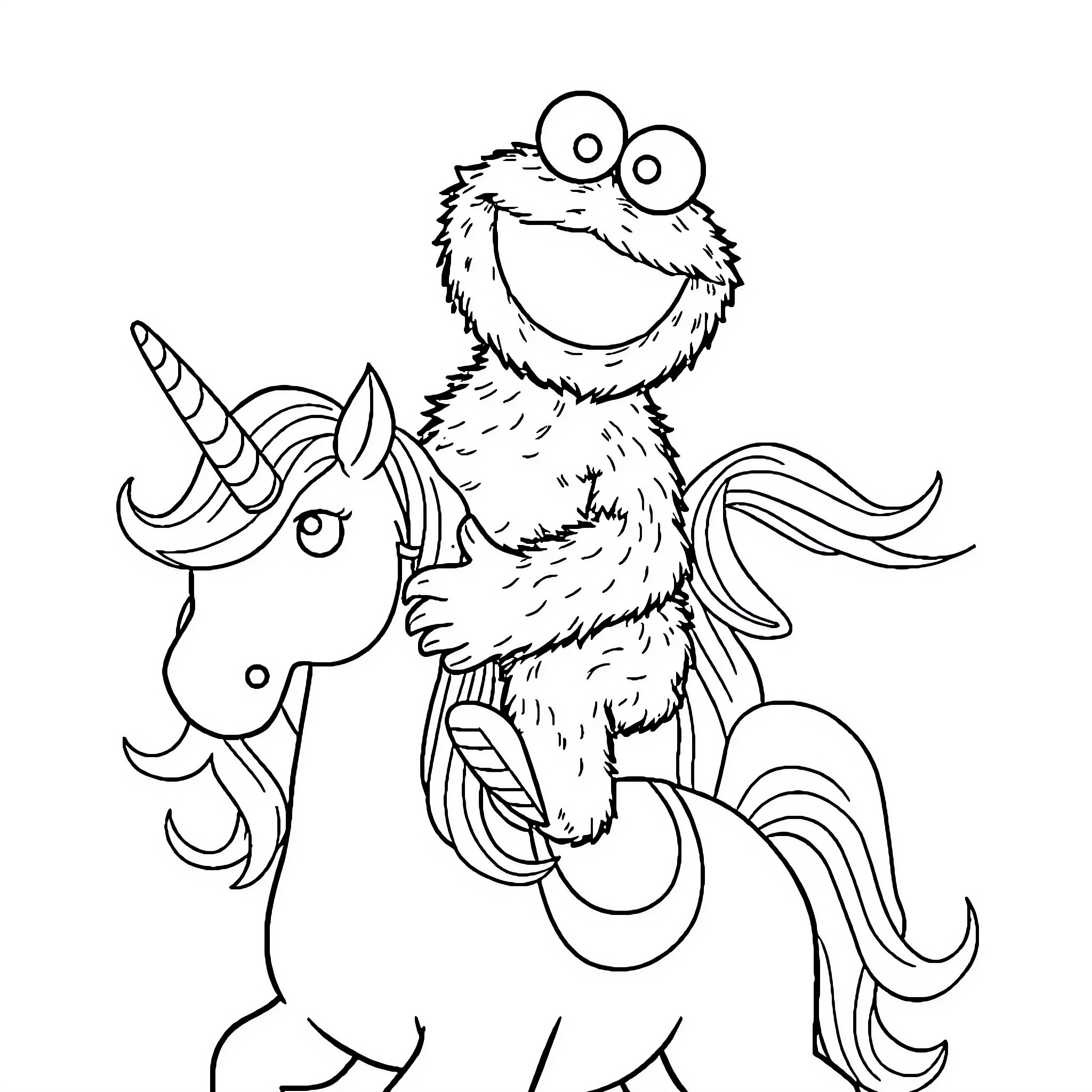 Cookie Monster riding a unicorn with excitement Coloring Page (free black-and-white line drawing printable PDF for all, from beginners to advanced learners, including children, teens, adults, and seniors)