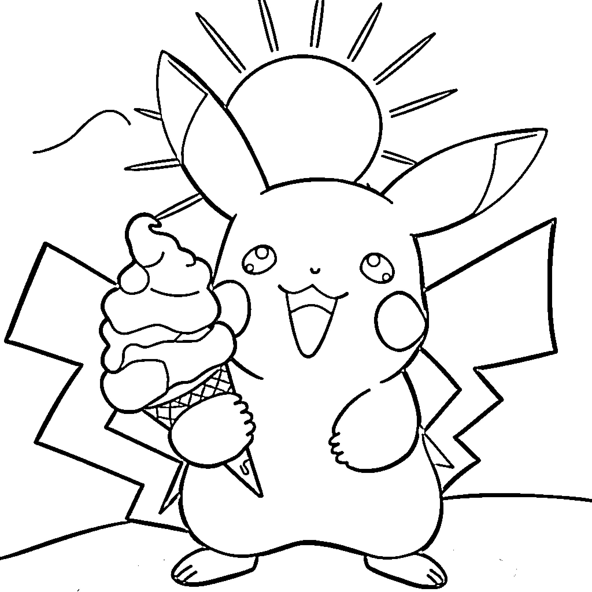 Pikachu enjoying an ice cream cone on a sunny day Coloring Page (free black-and-white line drawing printable PDF for all, from beginners to advanced learners, including children, teens, adults, and seniors)