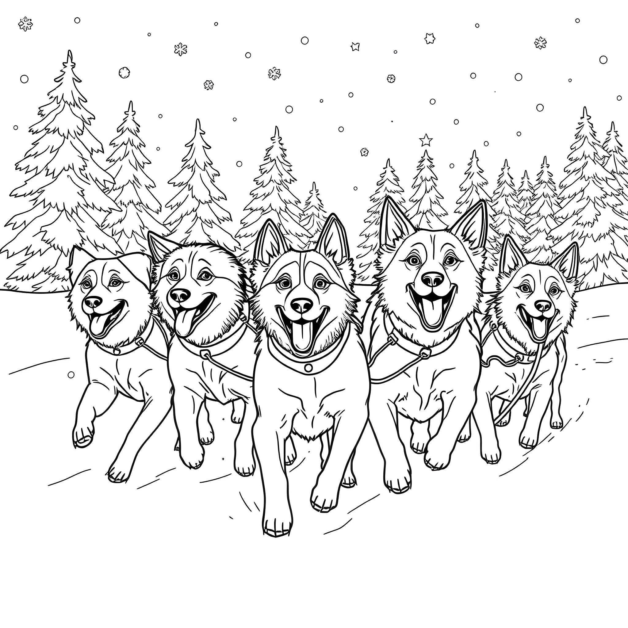 Dog sled team in the snowy winter forest Coloring Page (free black-and-white line drawing printable PDF for all, from beginners to advanced learners, including children, teens, adults, and seniors)