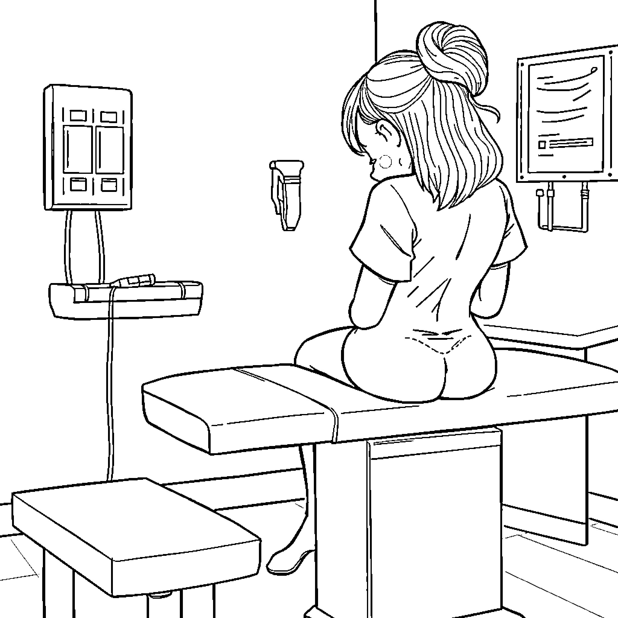 Shot of a person sitting on medical exam table Coloring Page (free black-and-white line drawing printable PDF for all, from beginners to advanced learners, including children, teens, adults, and seniors)