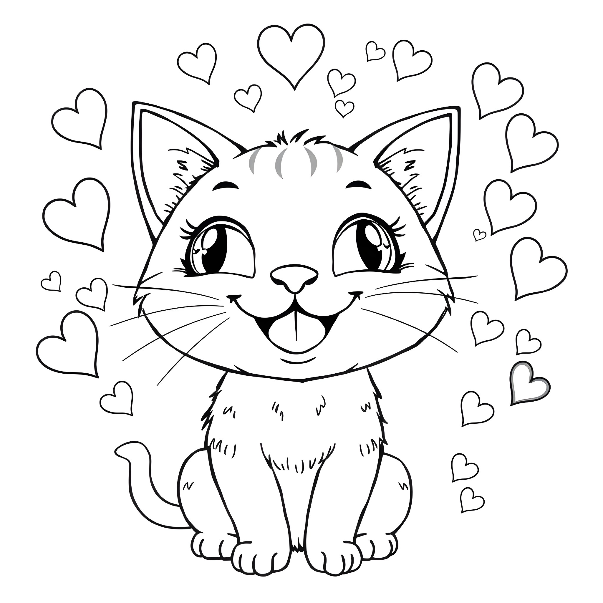 Heart Cat with Smiling Expression and Hearts Coloring Page (free black-and-white line drawing printable PDF for all, from beginners to advanced learners, including children, teens, adults, and seniors)